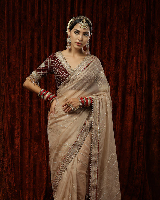 Rose Gold & Maroon Saree & Blouse Set