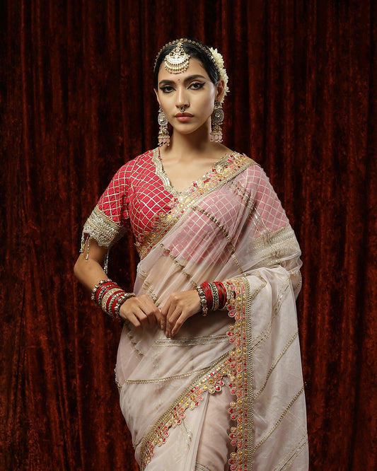 Light Peach & Rani Pink Saree & Blouse Set