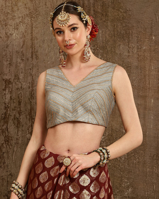 Maroon & Gray Saree & Blouse Set