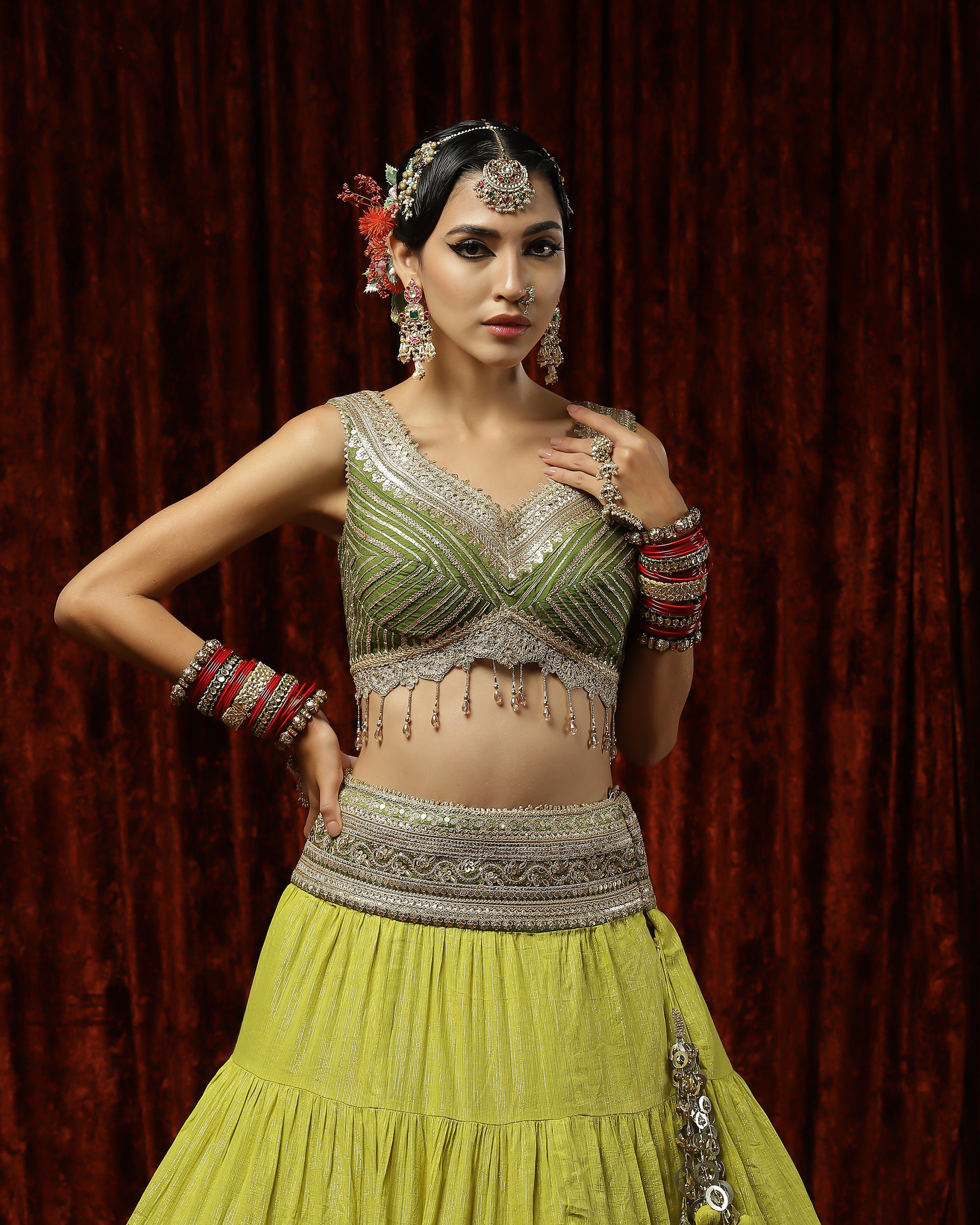 Lemon Green & Olive Crinkle Gota Lehenga Set