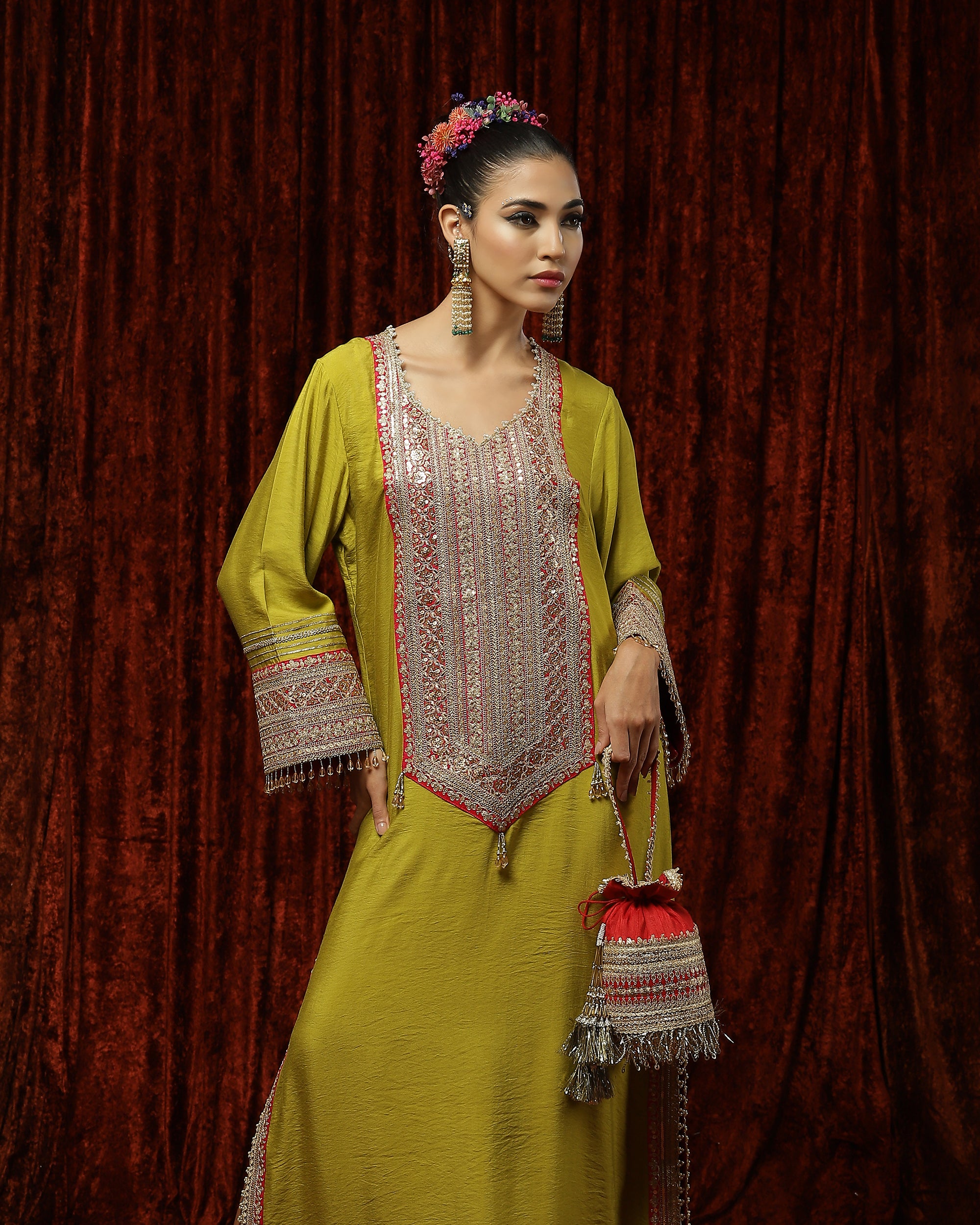 Lemon Green & Rani Pink Kurta Kaftan