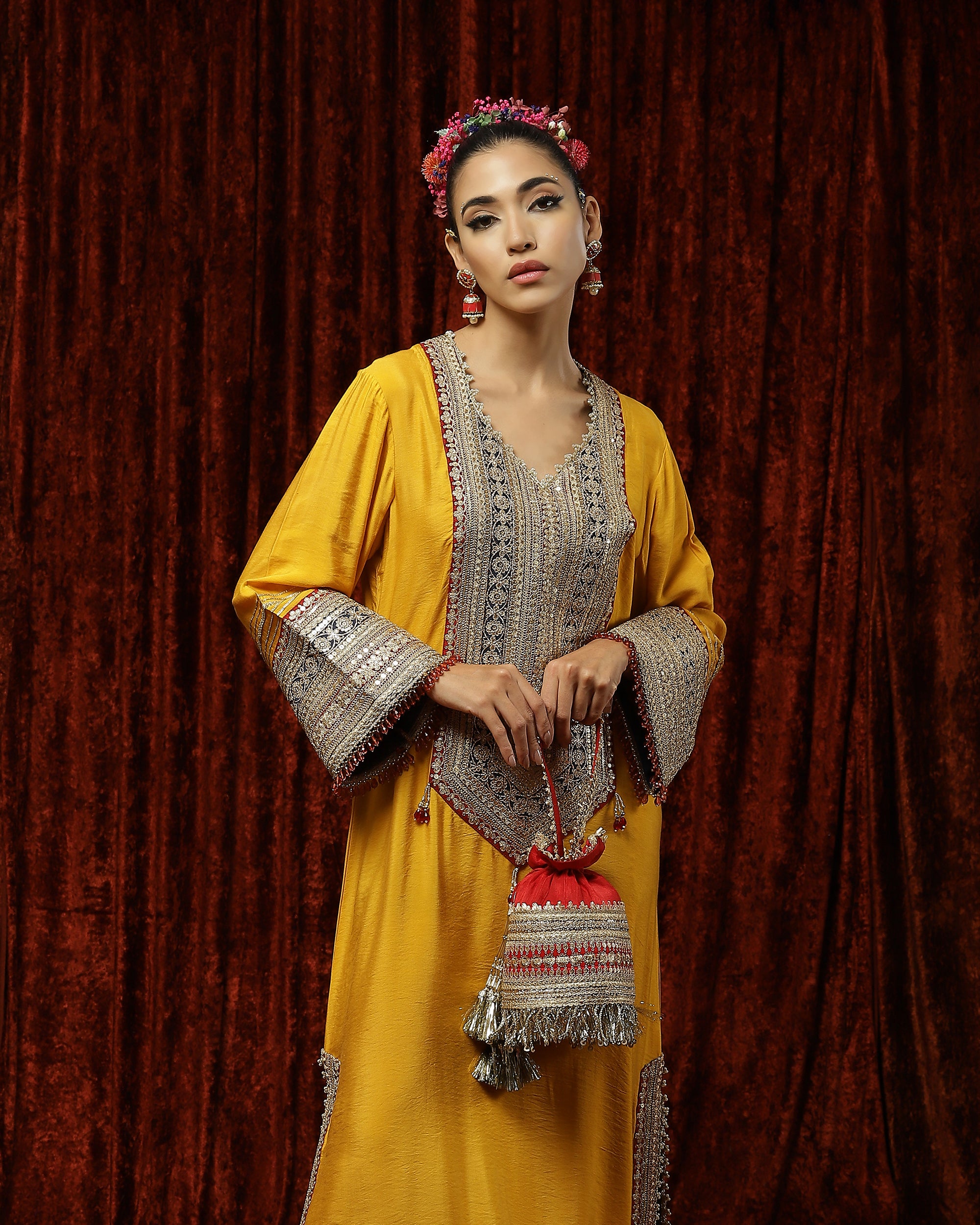 Sun Set Yellow, Navy Blue & Maroon Kurta Kaftan