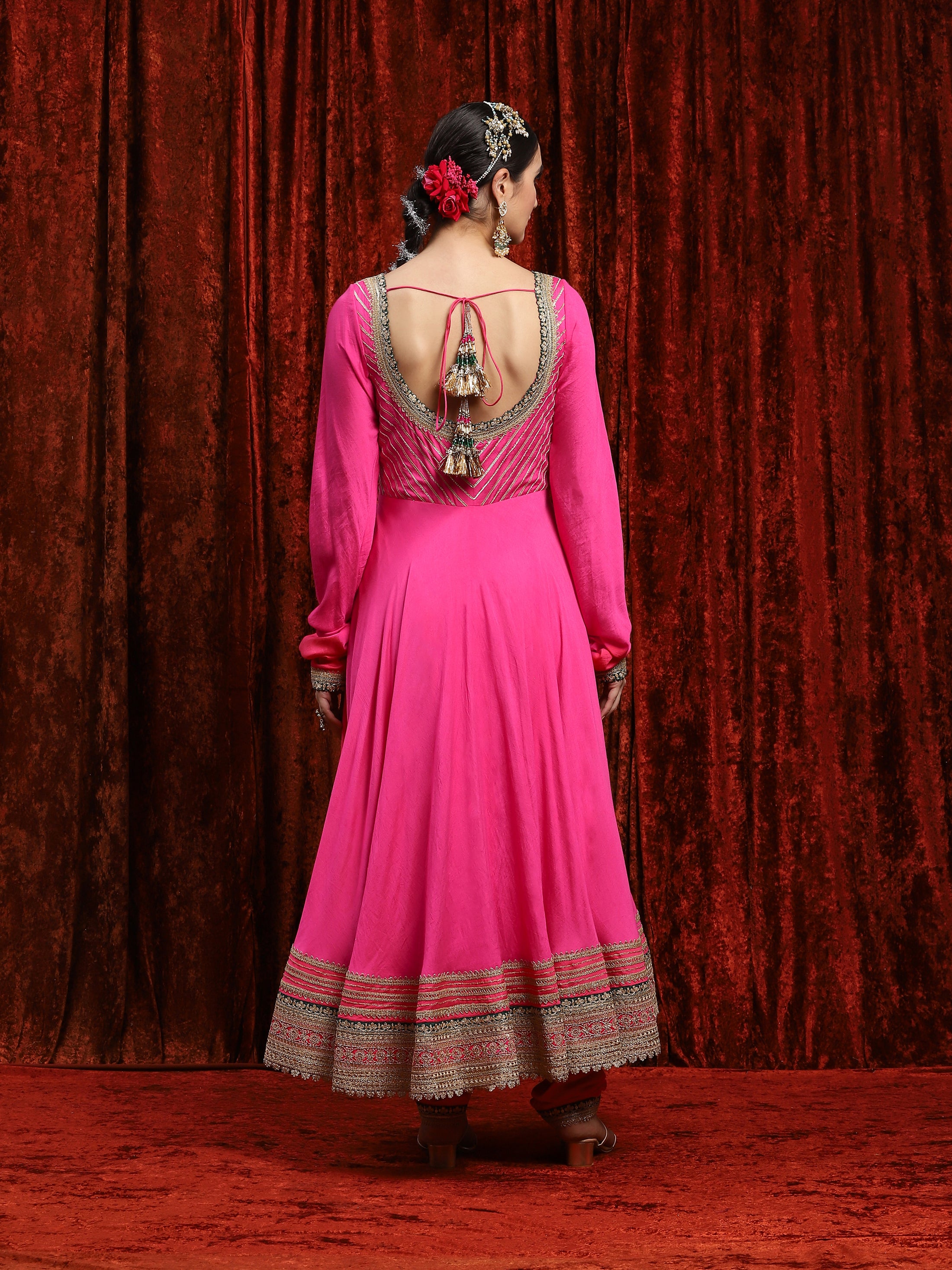 Kush Pink & Green Silk Chanderi Anarkali Suit