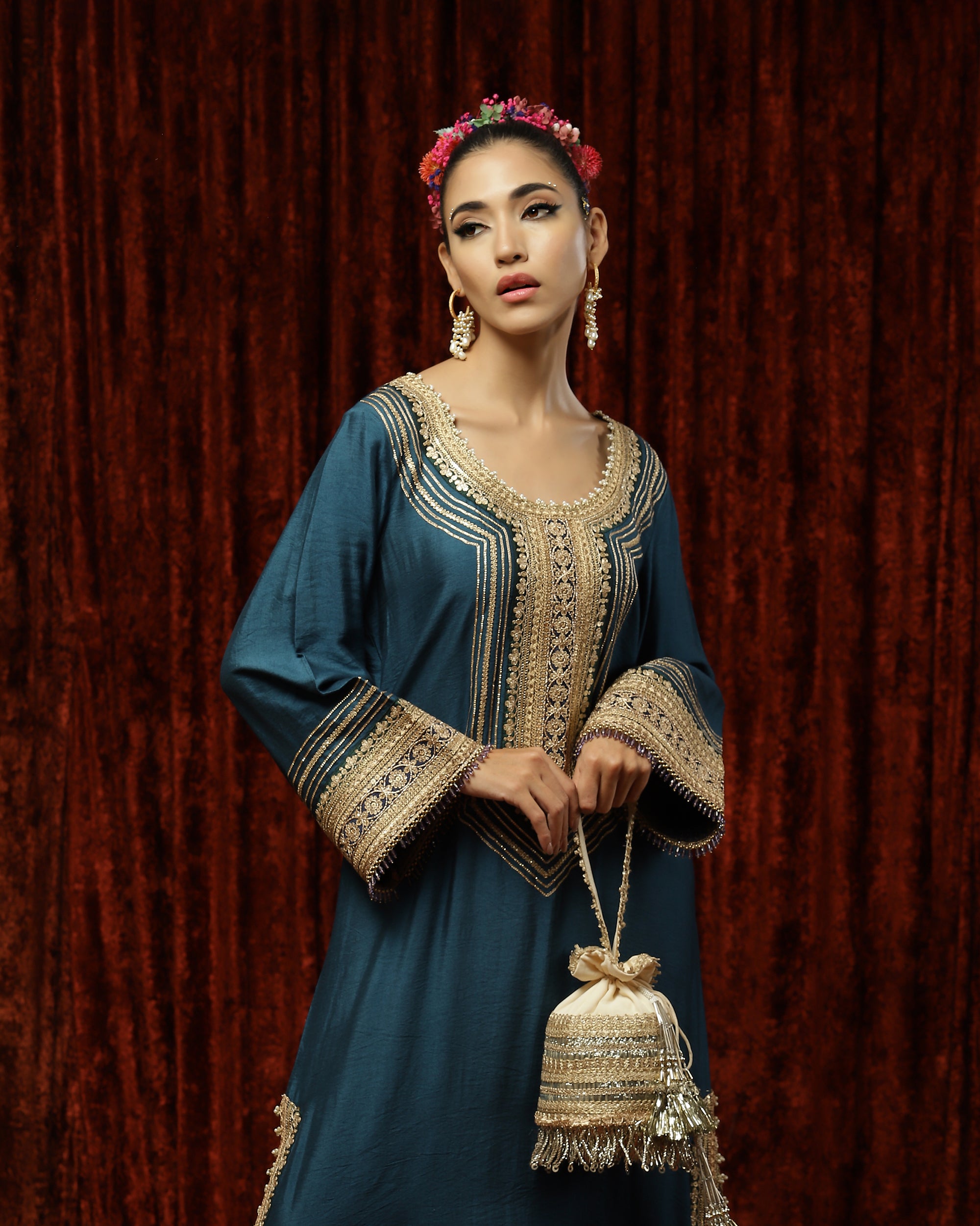 Peacock Blue & Gray Kurta Kaftan