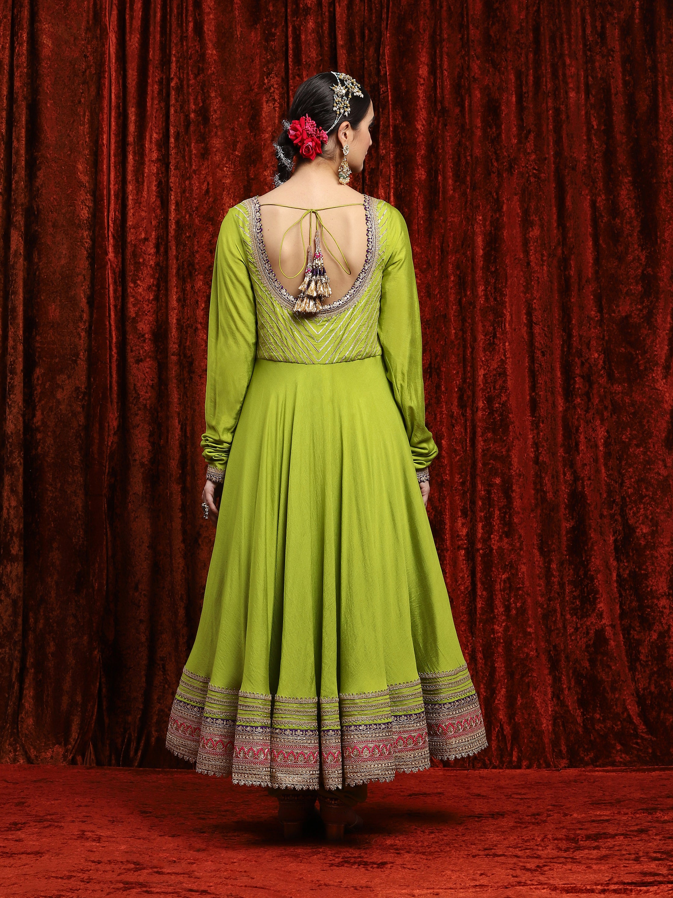 Dark Lemon Green Rani Pink & Purple Silk Chanderi Anarkali Suit