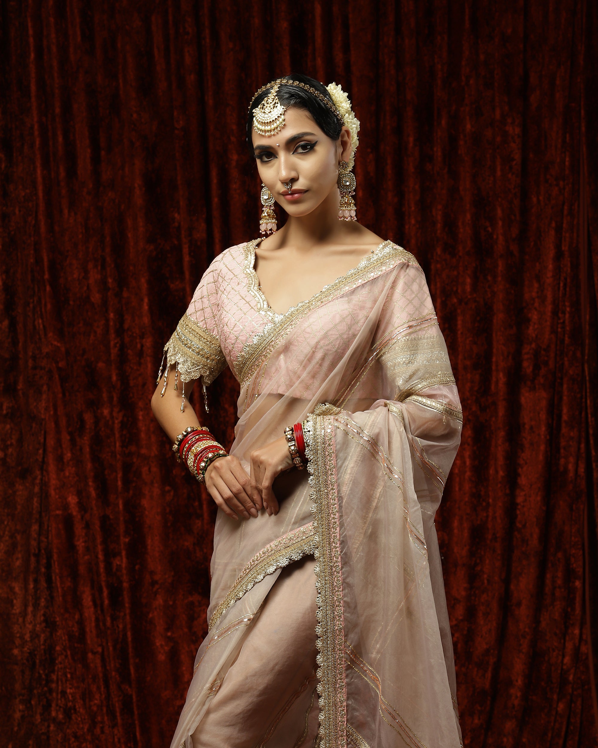 Baby Pink and Gold Saree & Blouse Set