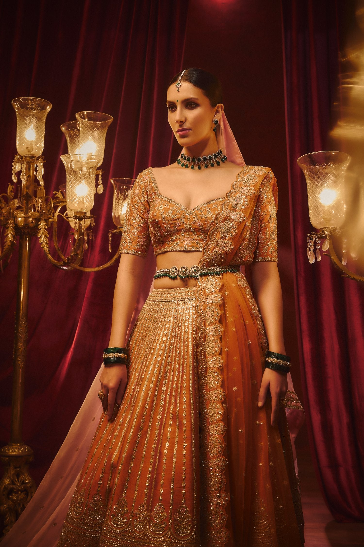 Rust Raw Silk Hand & Machine Embroidered Lehenga Set