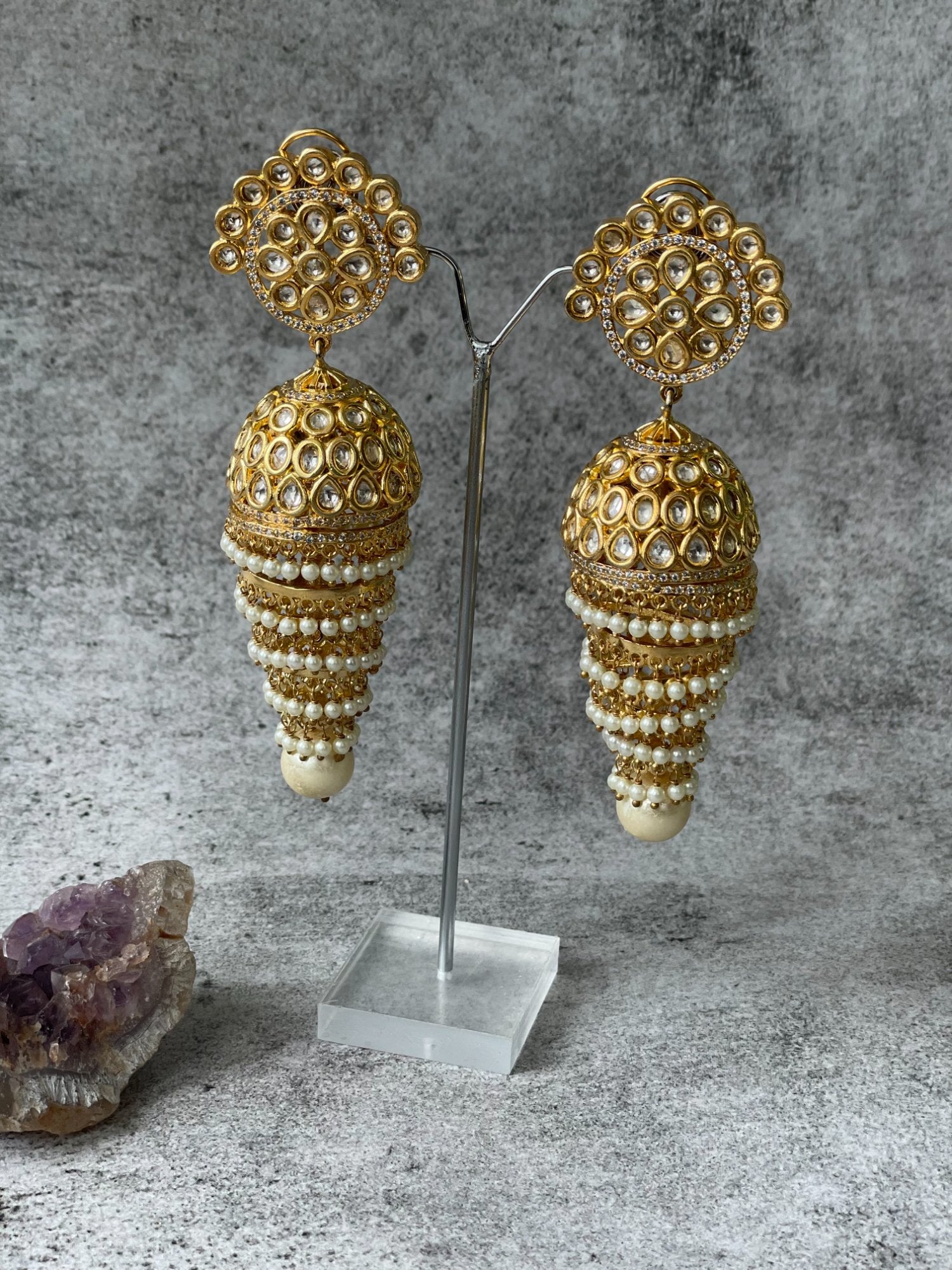 Layered Long Pearl and Kundan Jhumkas