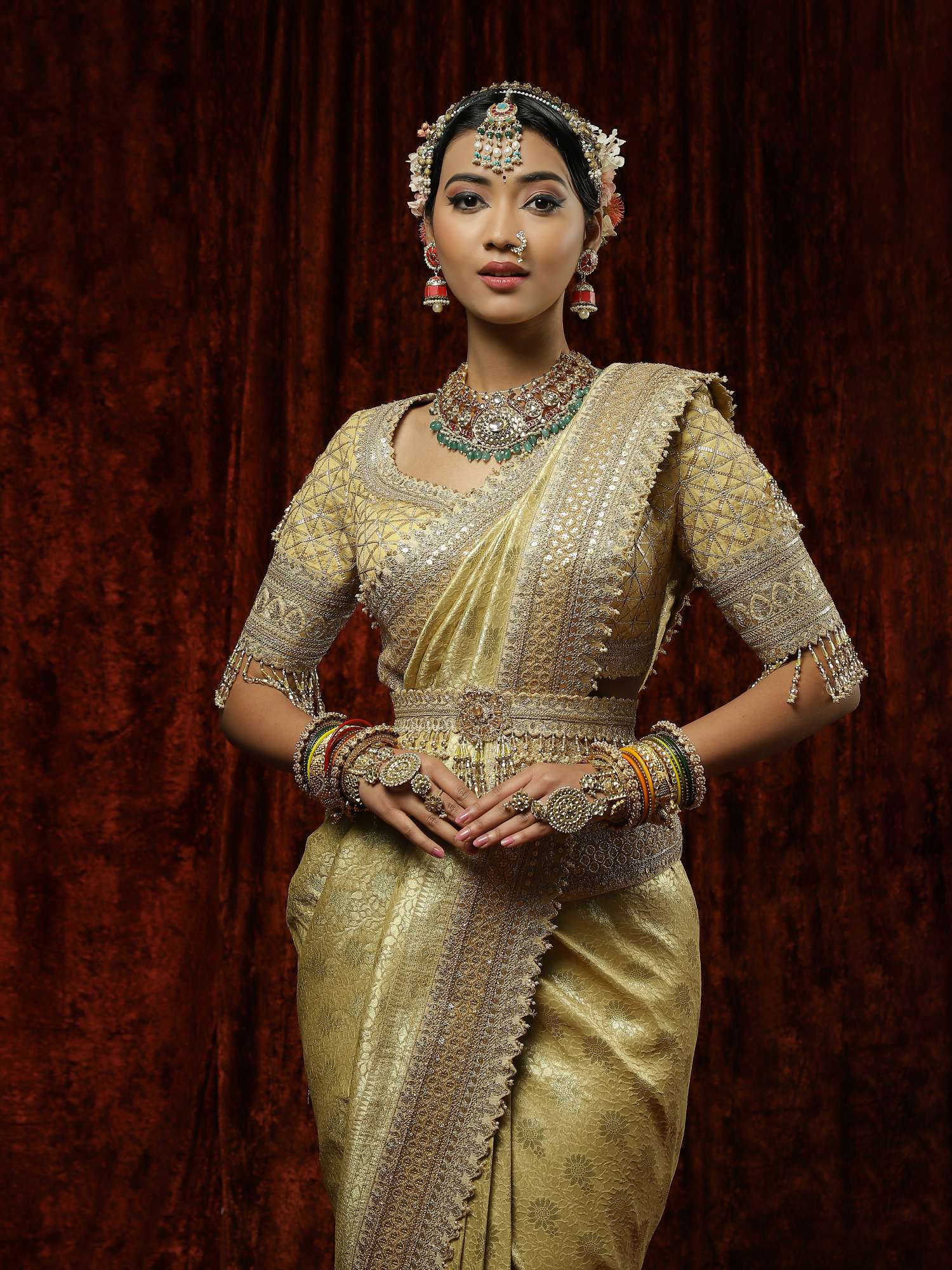 Golden Banarasi Saree, Blouse & Belt Set