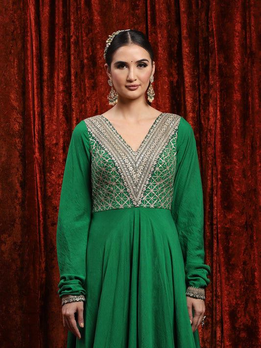 Emerald Green Silk Chanderi Anarkali Suit