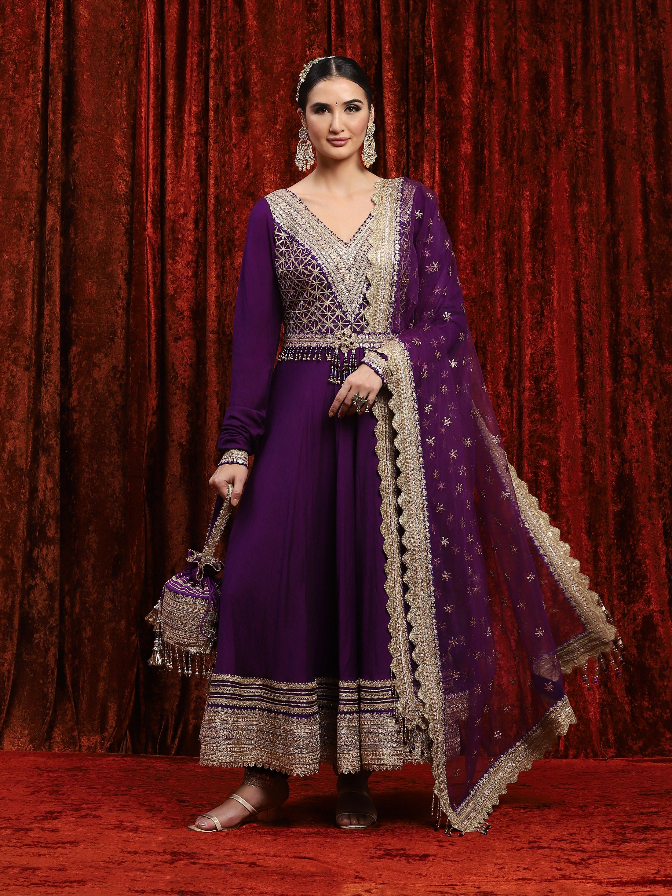 Dark Purple Silk Chanderi Anarkali Suit