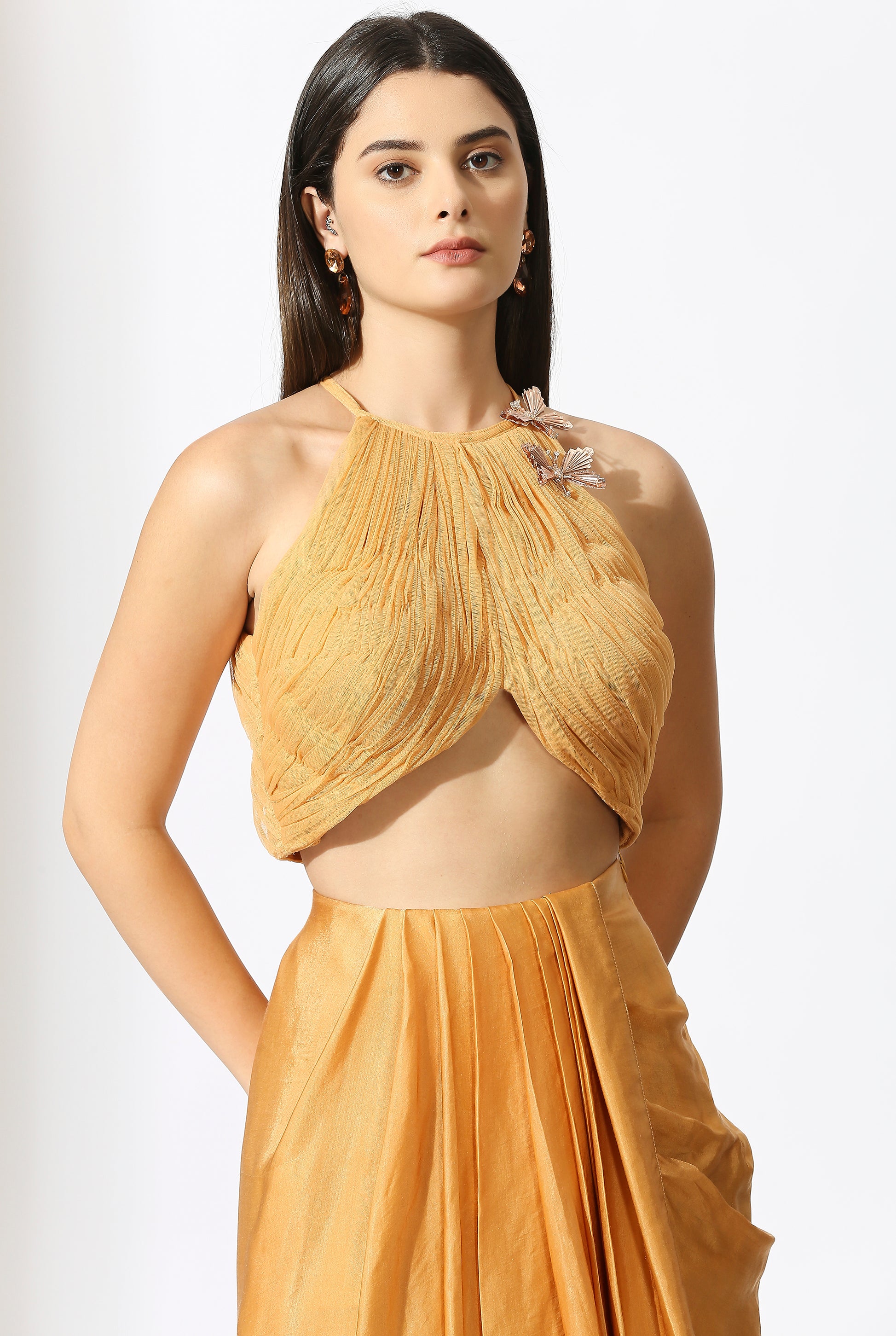 Mustard Embroidered Skirt Set With Drape