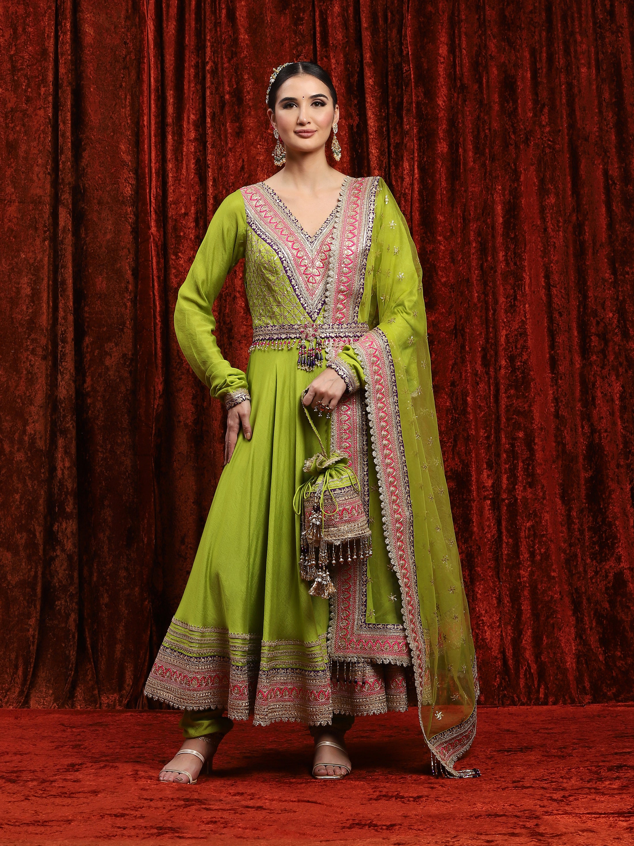 Dark Lemon Green Rani Pink & Purple Silk Chanderi Anarkali Suit