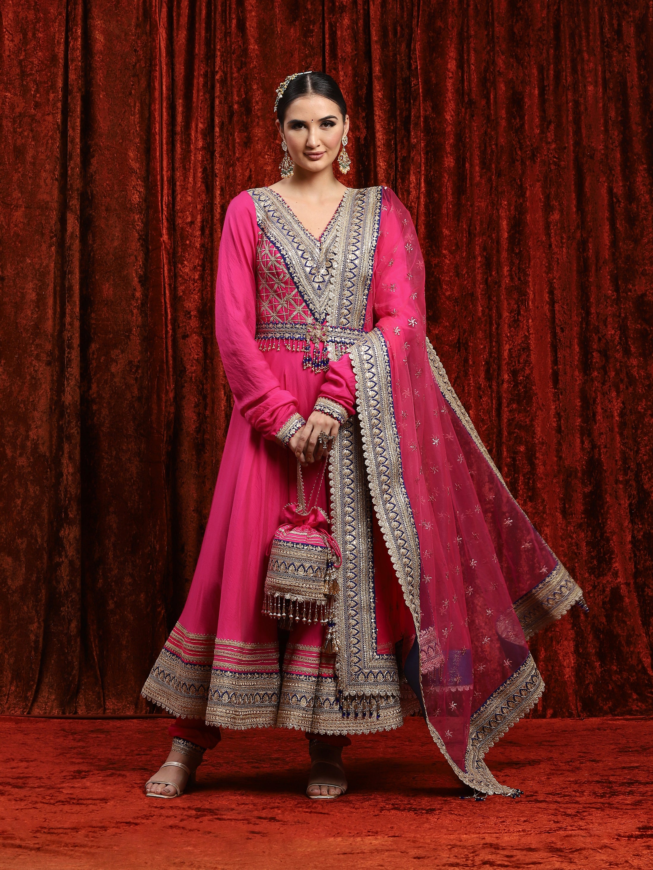 Rani Pink & Electric Blue Silk Chanderi Anarkali Suit