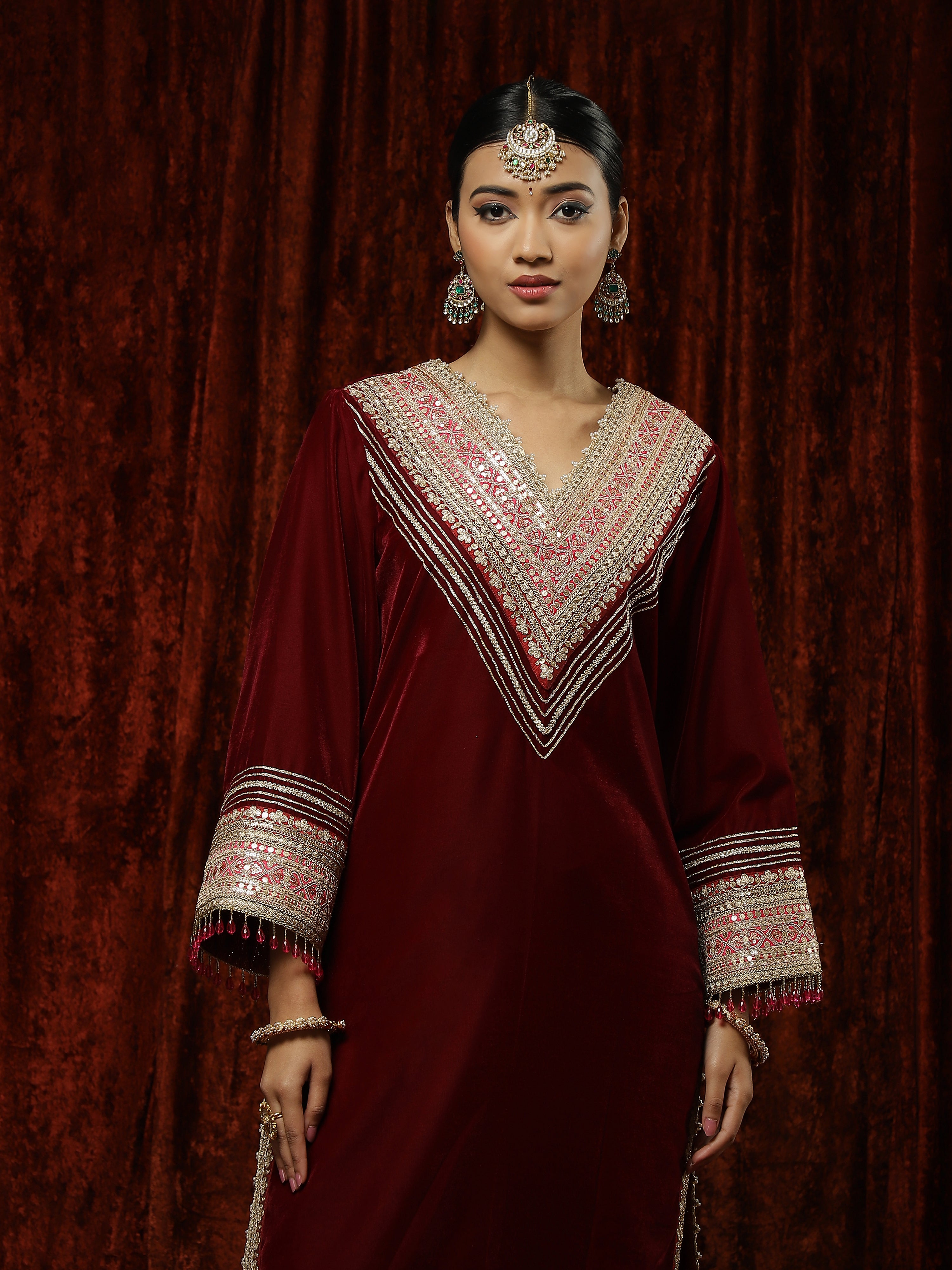 Maroon & Rani Velvet Kurta Pant Set