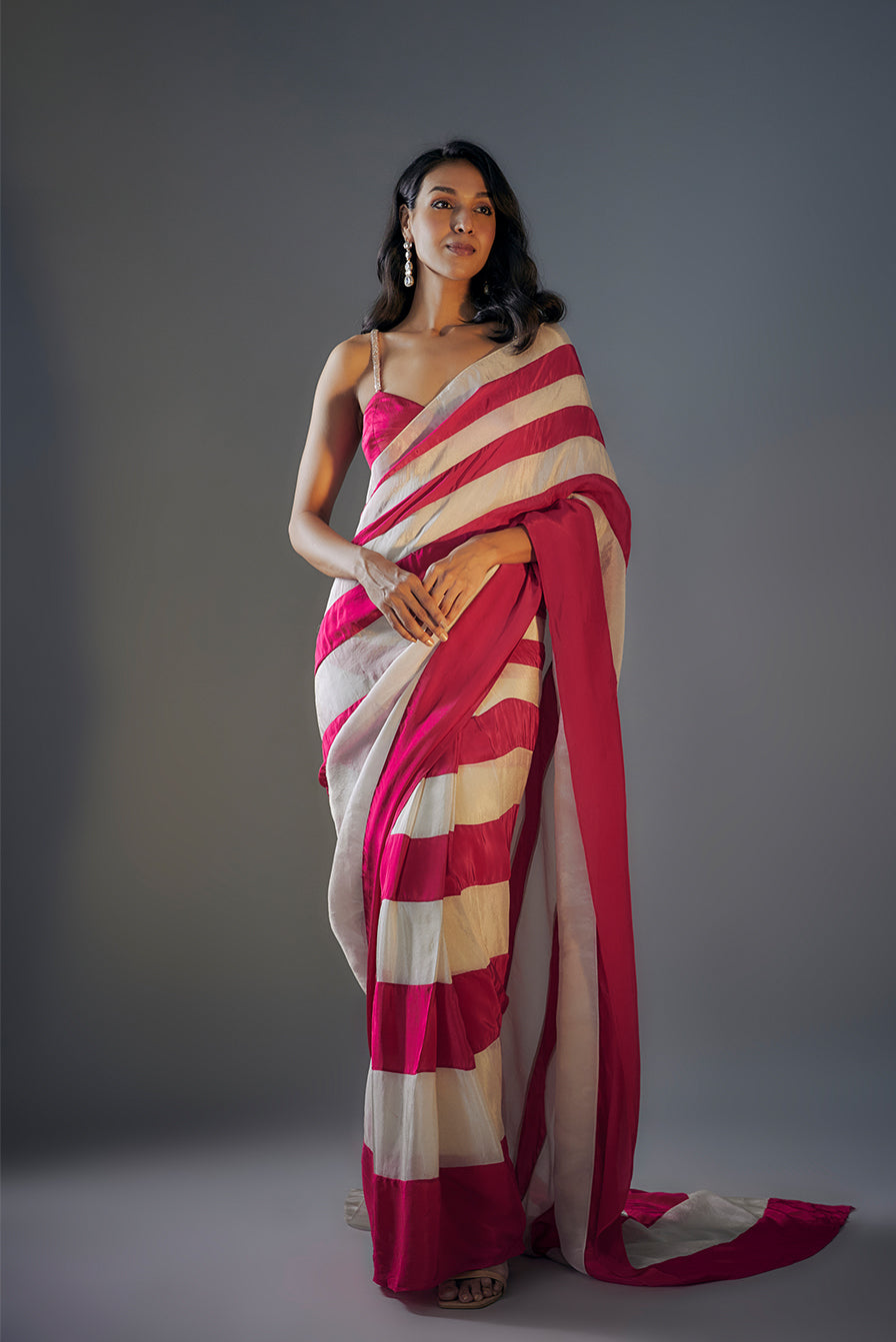 Hot Pink And Light Gold Colour Block Saree With Hot Pink Embroidered Blouse