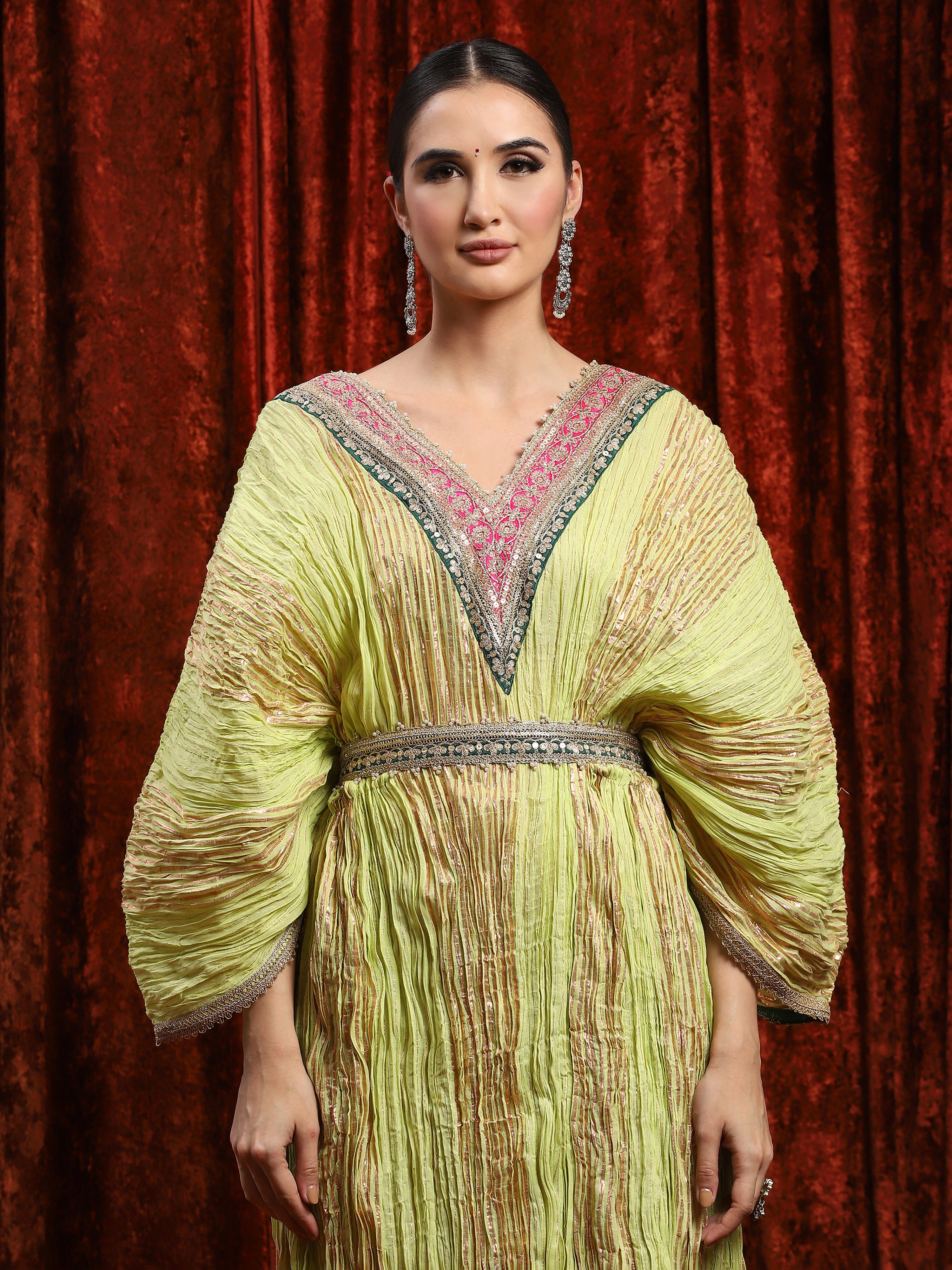 Light Pea Green, Emerald Green & Rani Pink Crinkle Kaftan & Belt Set