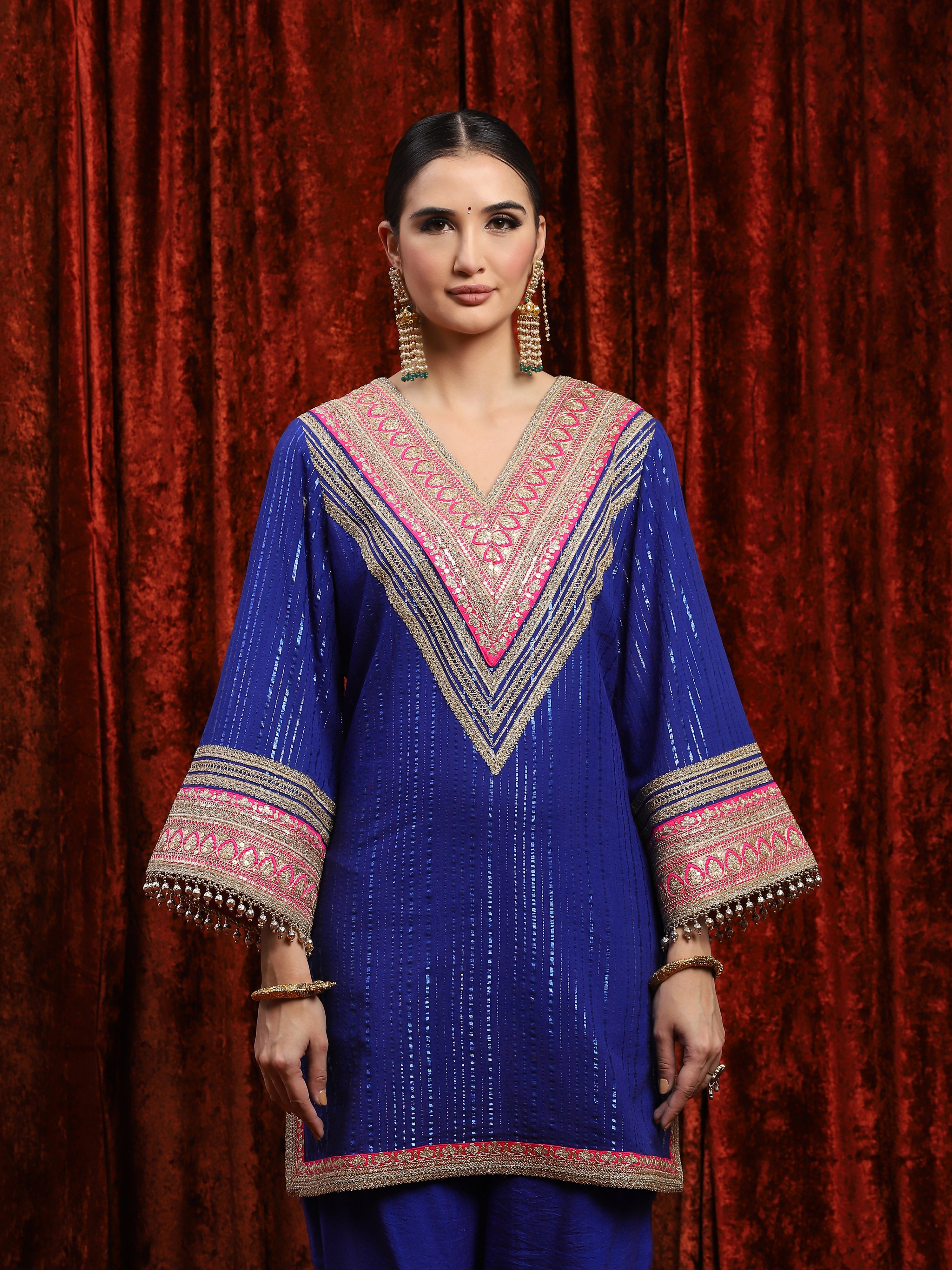 Electric Blue & Rani Kurta Pant Dupatta Set