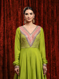 Load image into Gallery viewer, Dark Lemon Green Rani Pink & Purple Silk Chanderi Anarkali Suit
