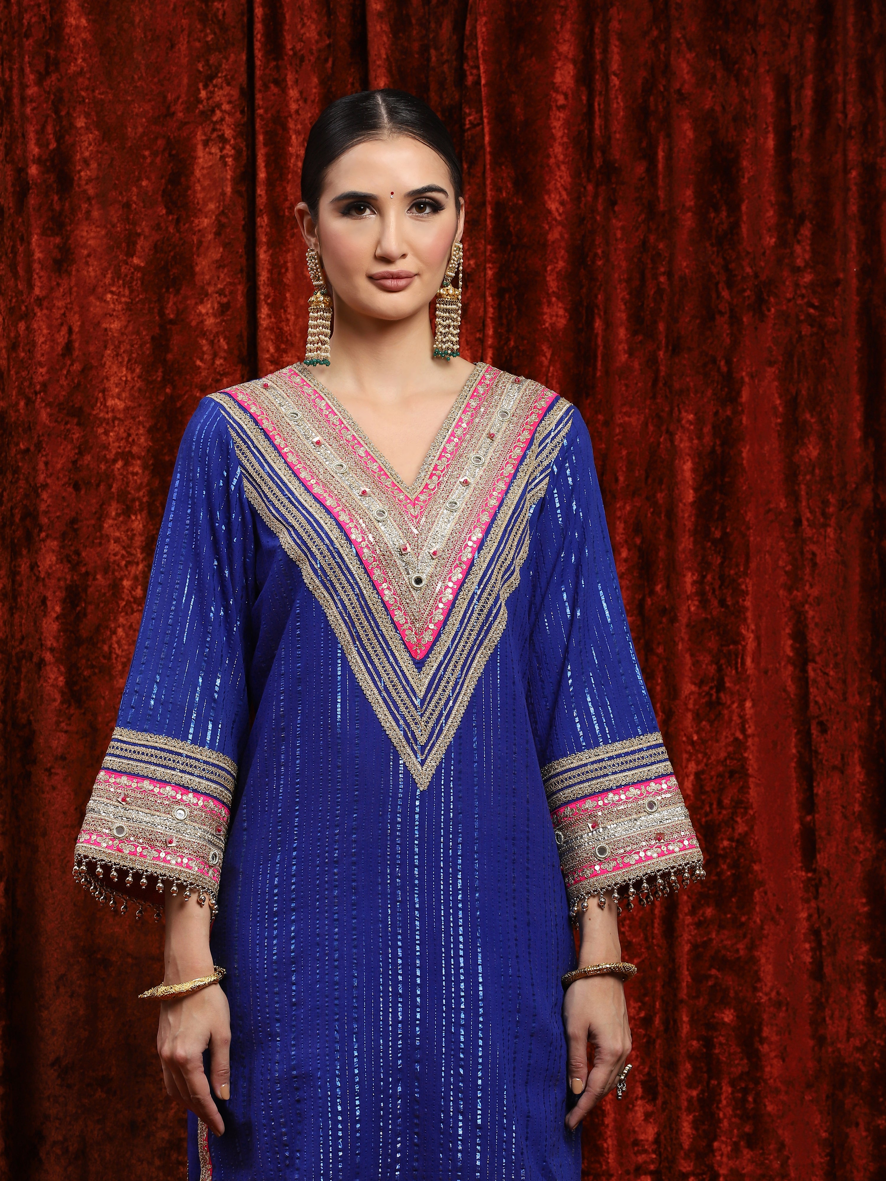 Electric Blue & Rani Kurta Pant Dupatta Set