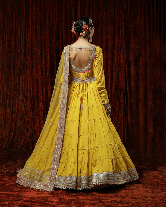 Lomon Yellow & Rani Pink Anarkali set