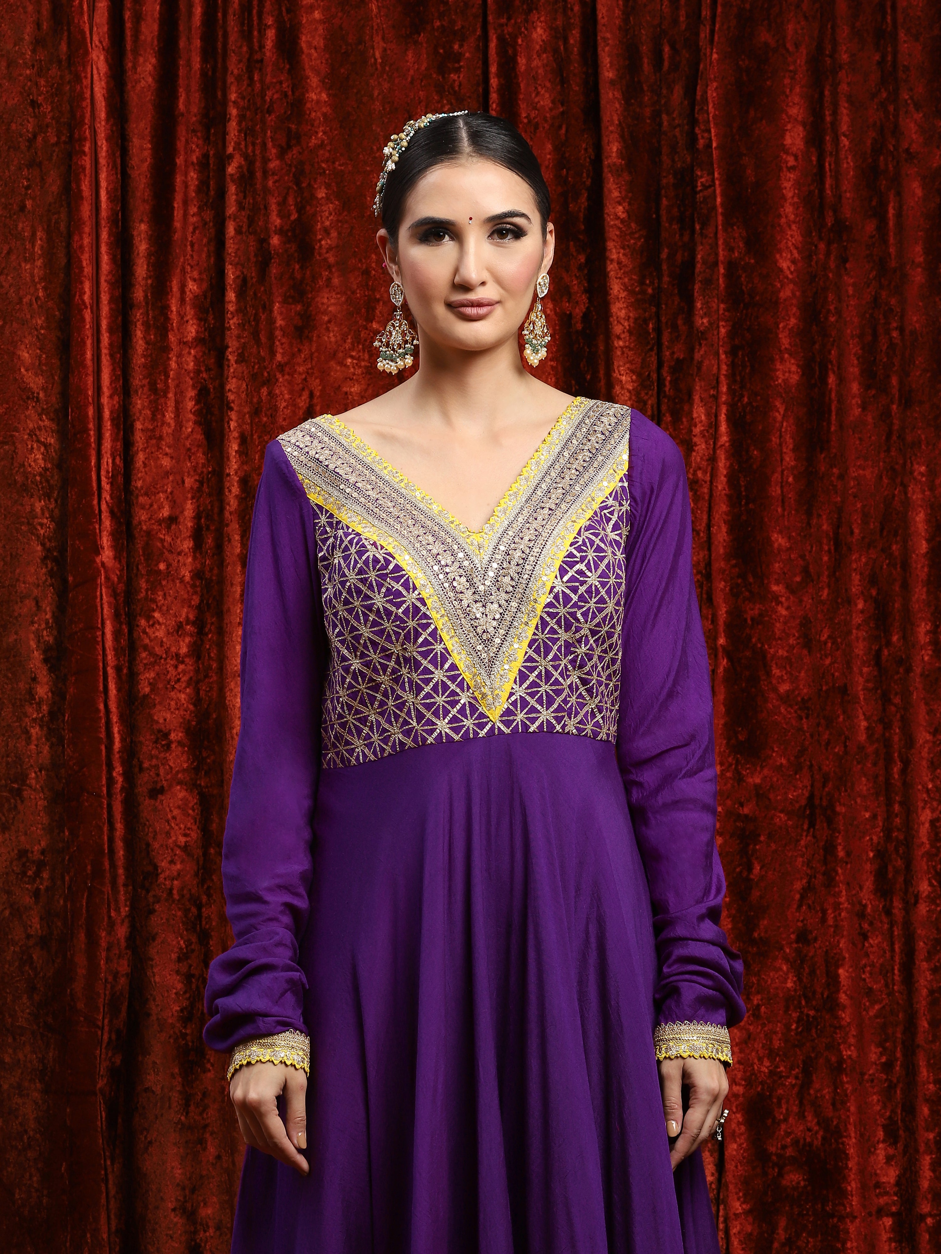 Purple & Lemon Yellow Silk Chanderi Anarkali Suit