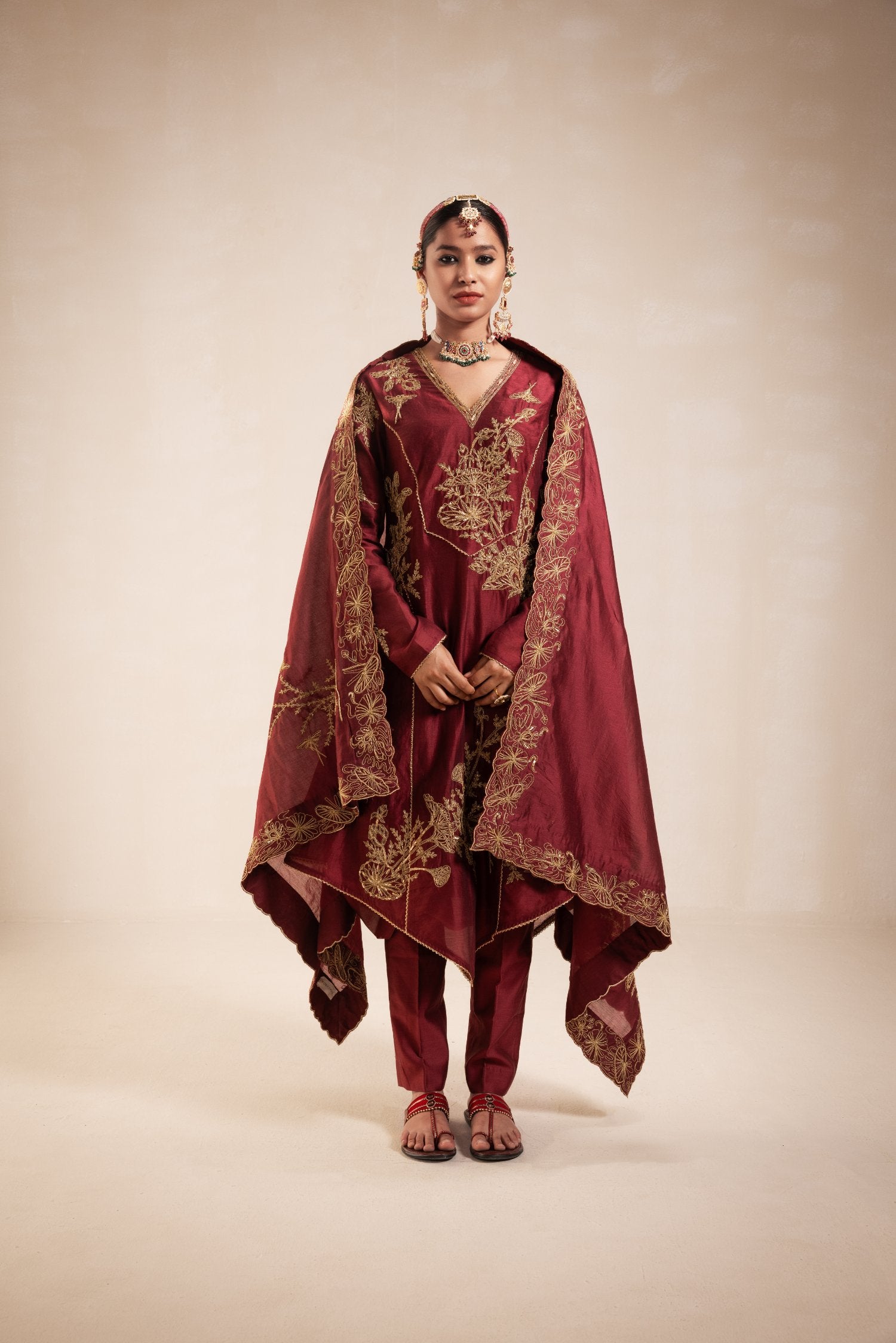 Maroon Chanderi Structured Kurta Set