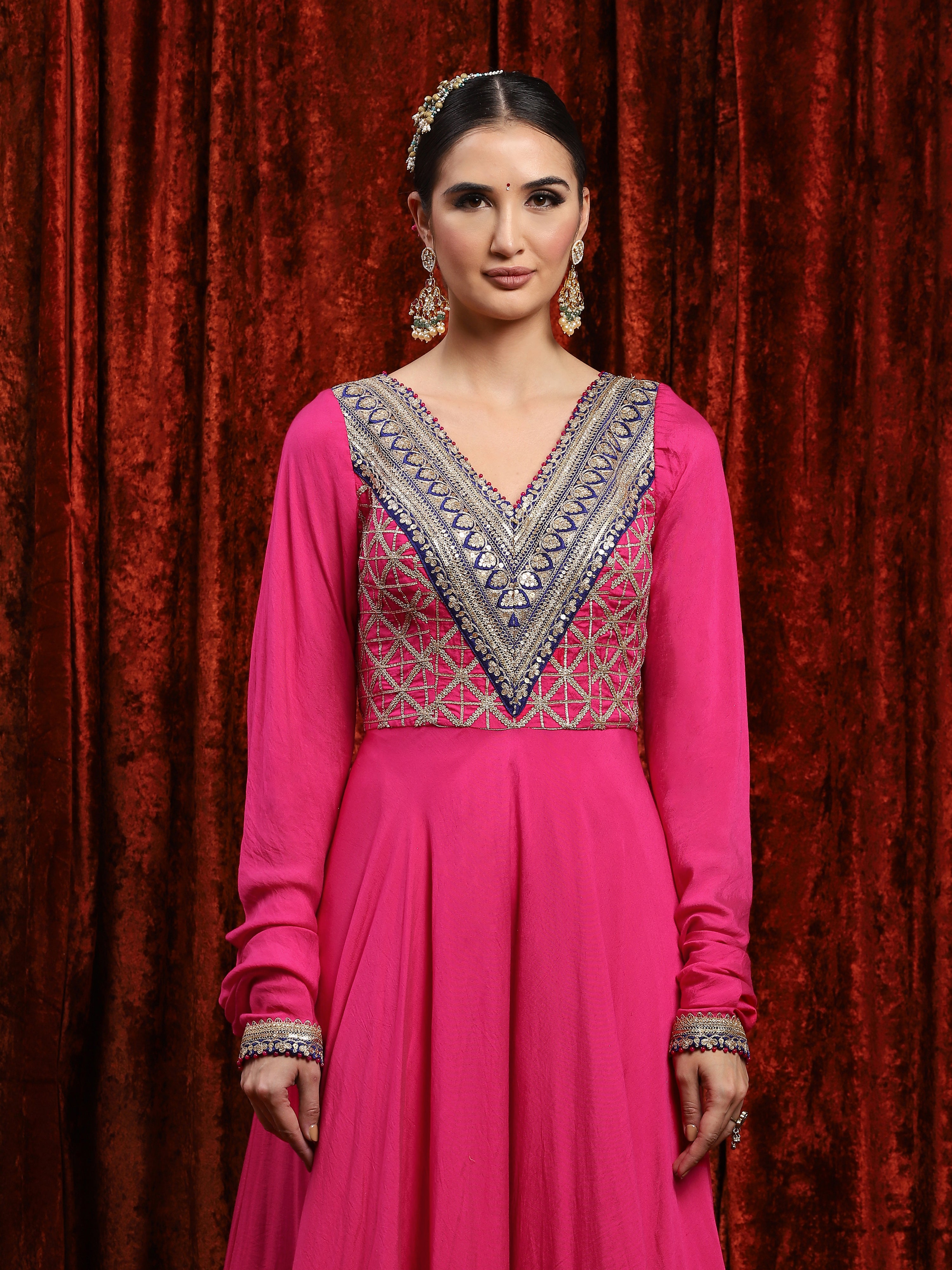 Rani Pink & Electric Blue Silk Chanderi Anarkali Suit