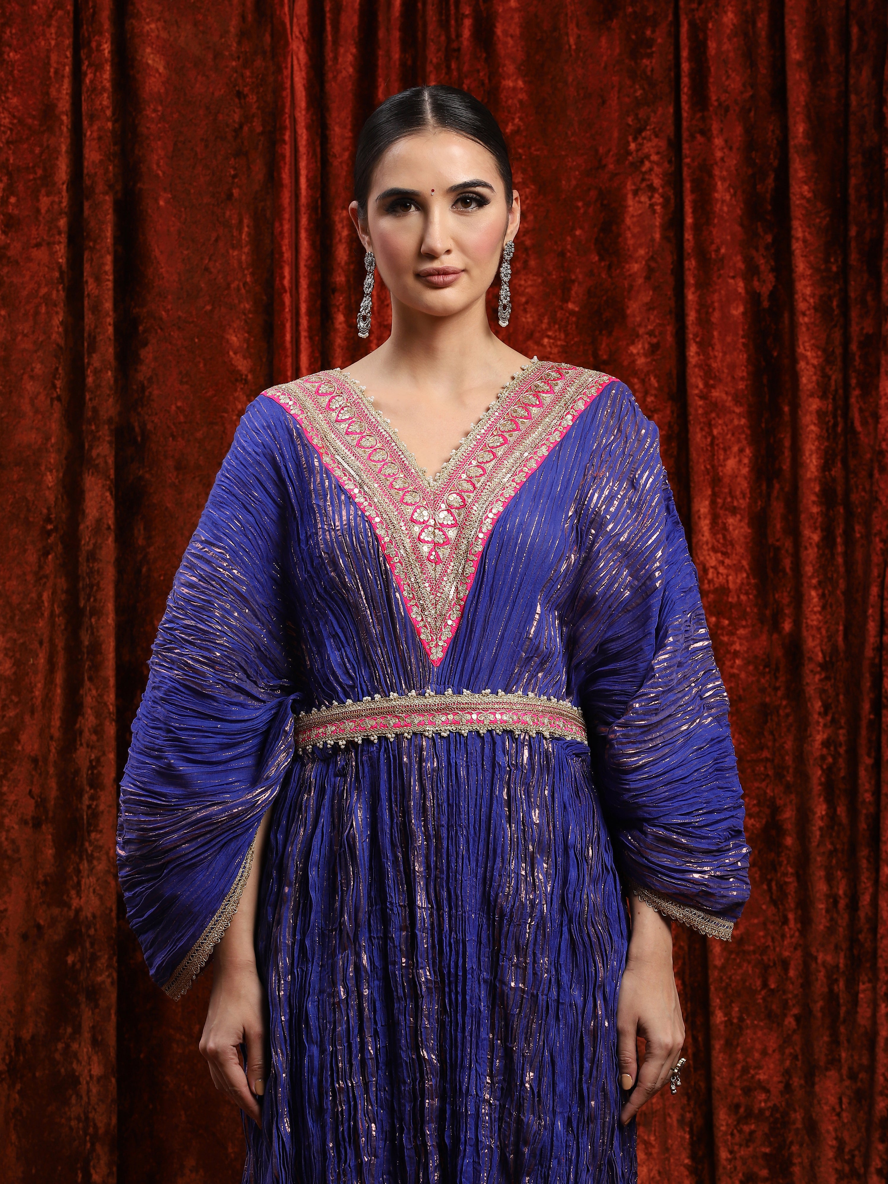 Electric Blue & Rani Pink Crinkle Kaftan & Belt Set