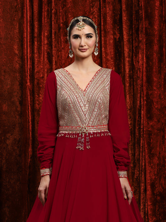 Red Silk Chanderi Anarkali Suit