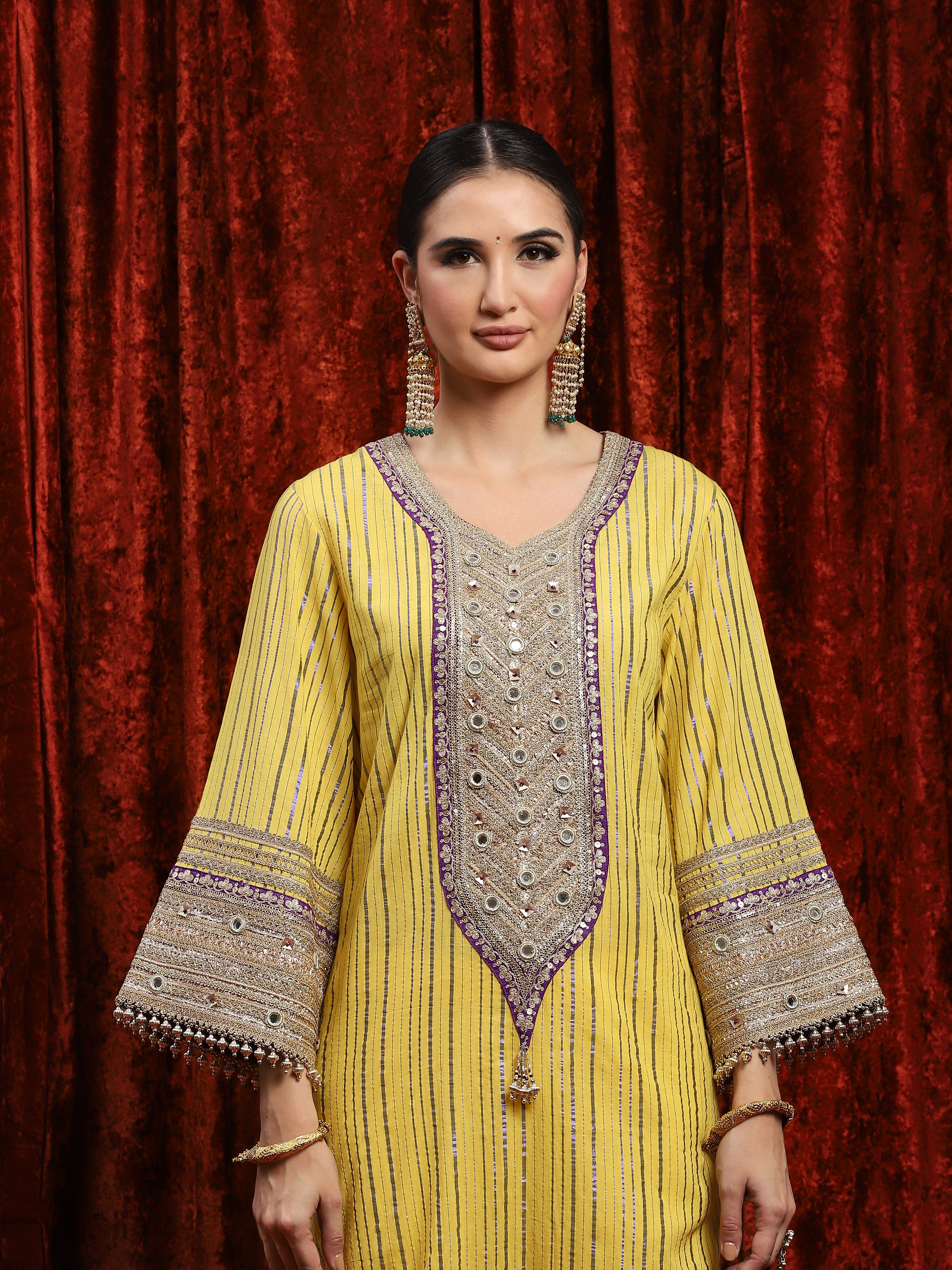 Lemon Yellow & Purple Kurta Pant Dupatta Set