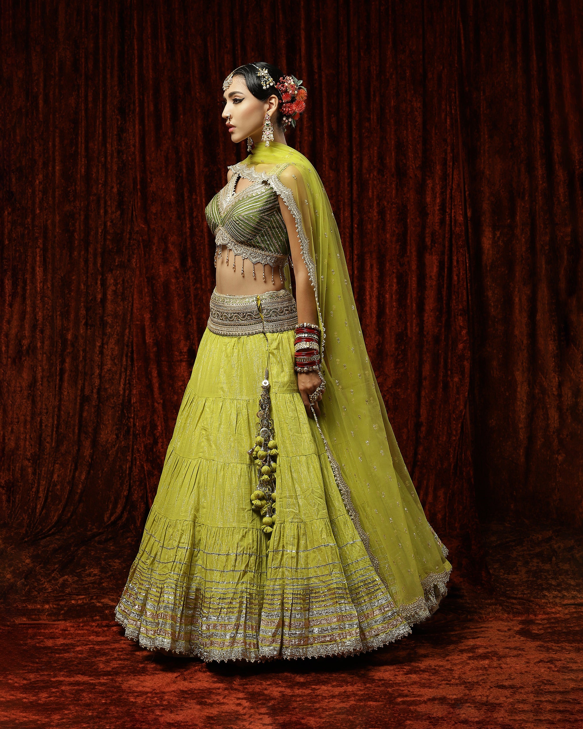 Lemon Green & Olive Crinkle Gota Lehenga Set