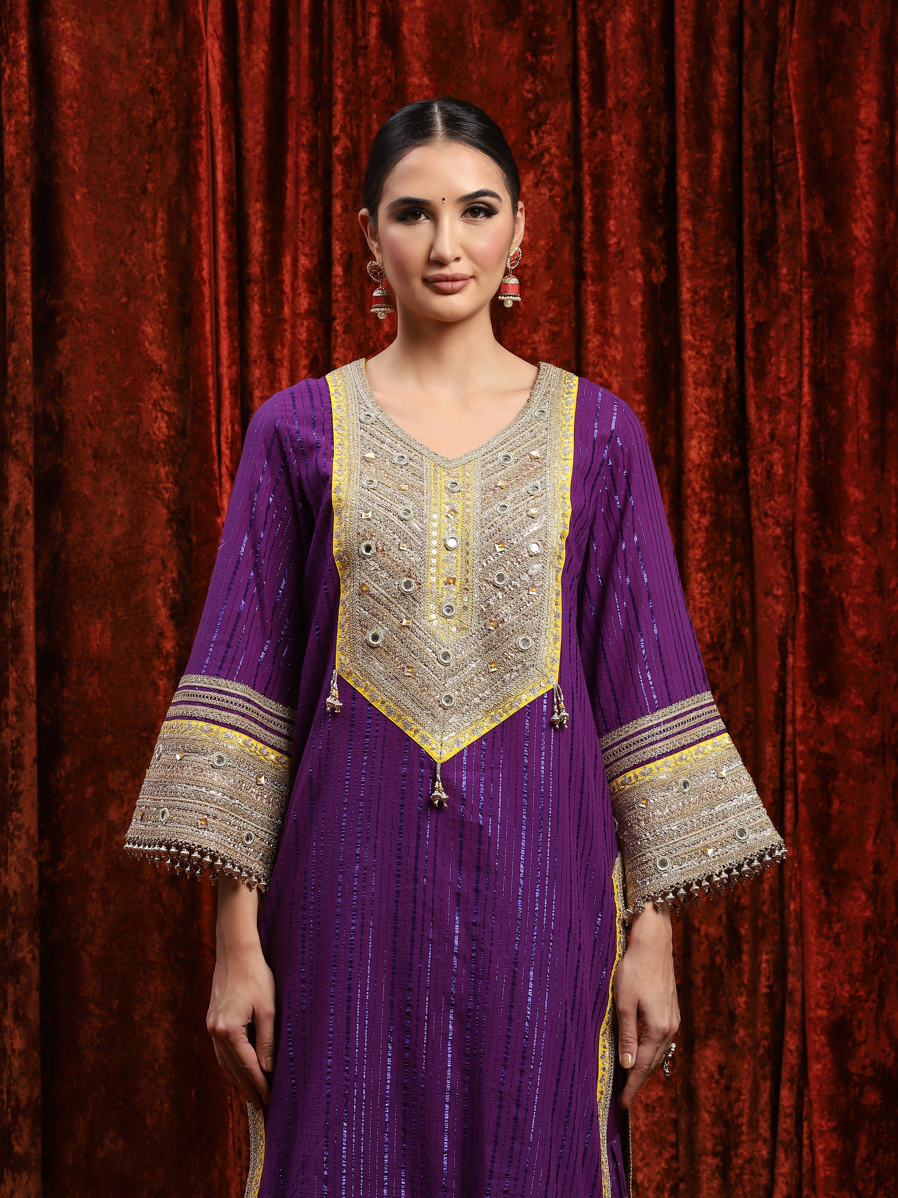 Purple & Lemon Yellow Kurta Pant Dupatta Set