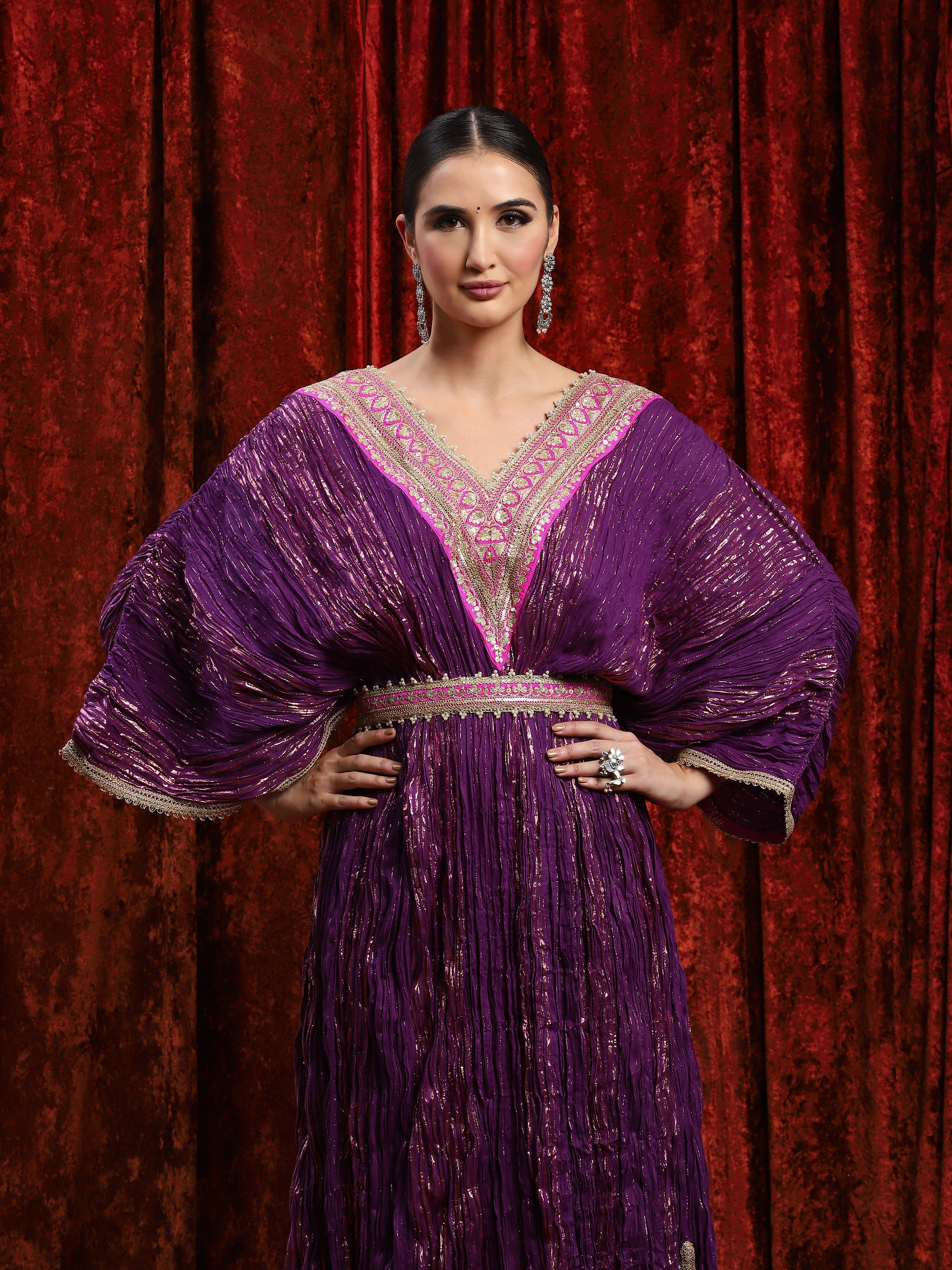 Purple & Rani Pink Crinkle Kaftan & Belt Set