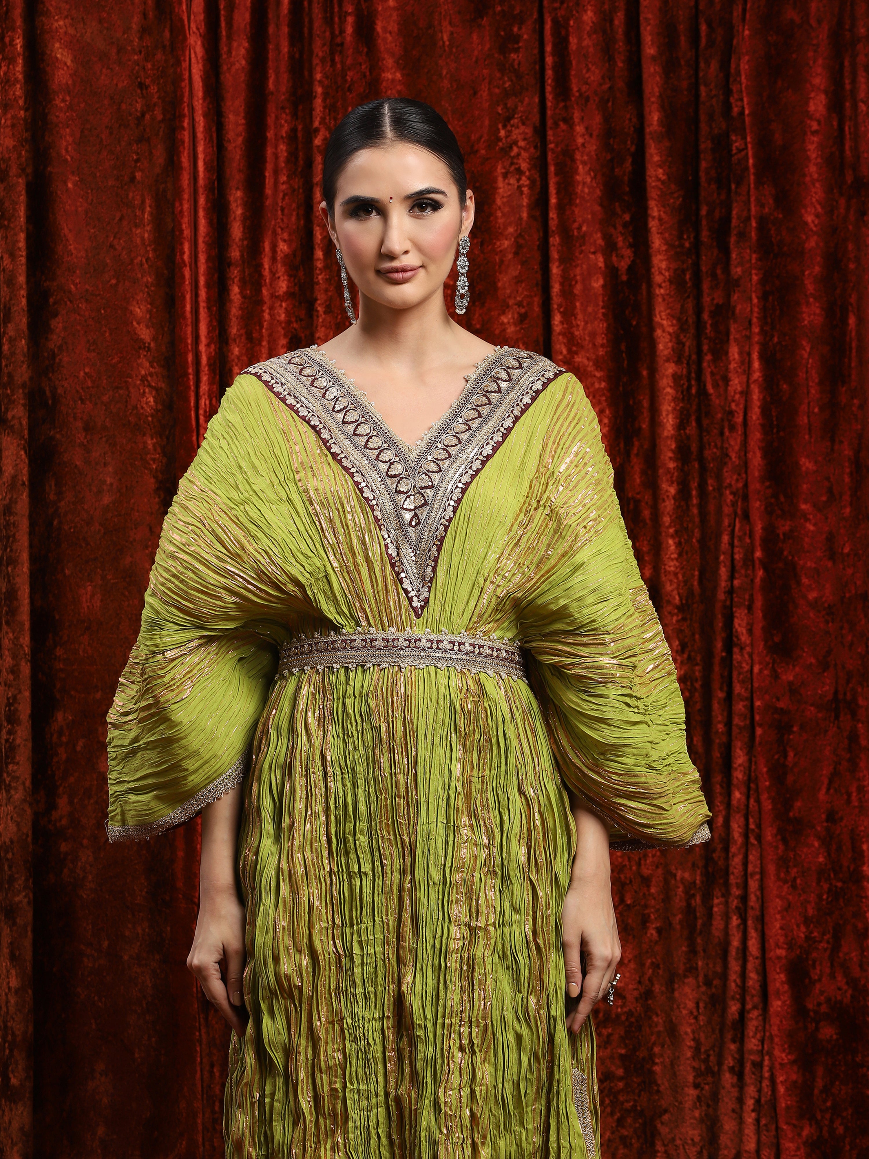 Lomon Green & Brown Crinkle Kaftan & Belt Set