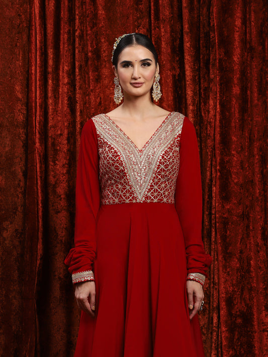 Red Silk Chanderi Anarkali Suit