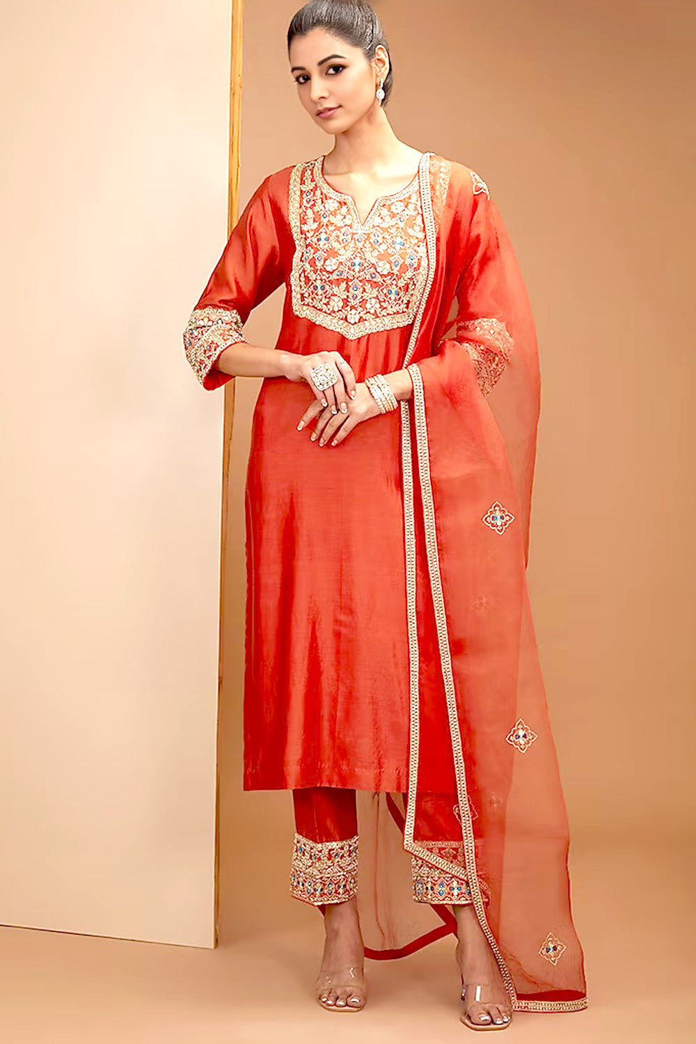 Red Color Hand Embroidered Silk Kurta Set