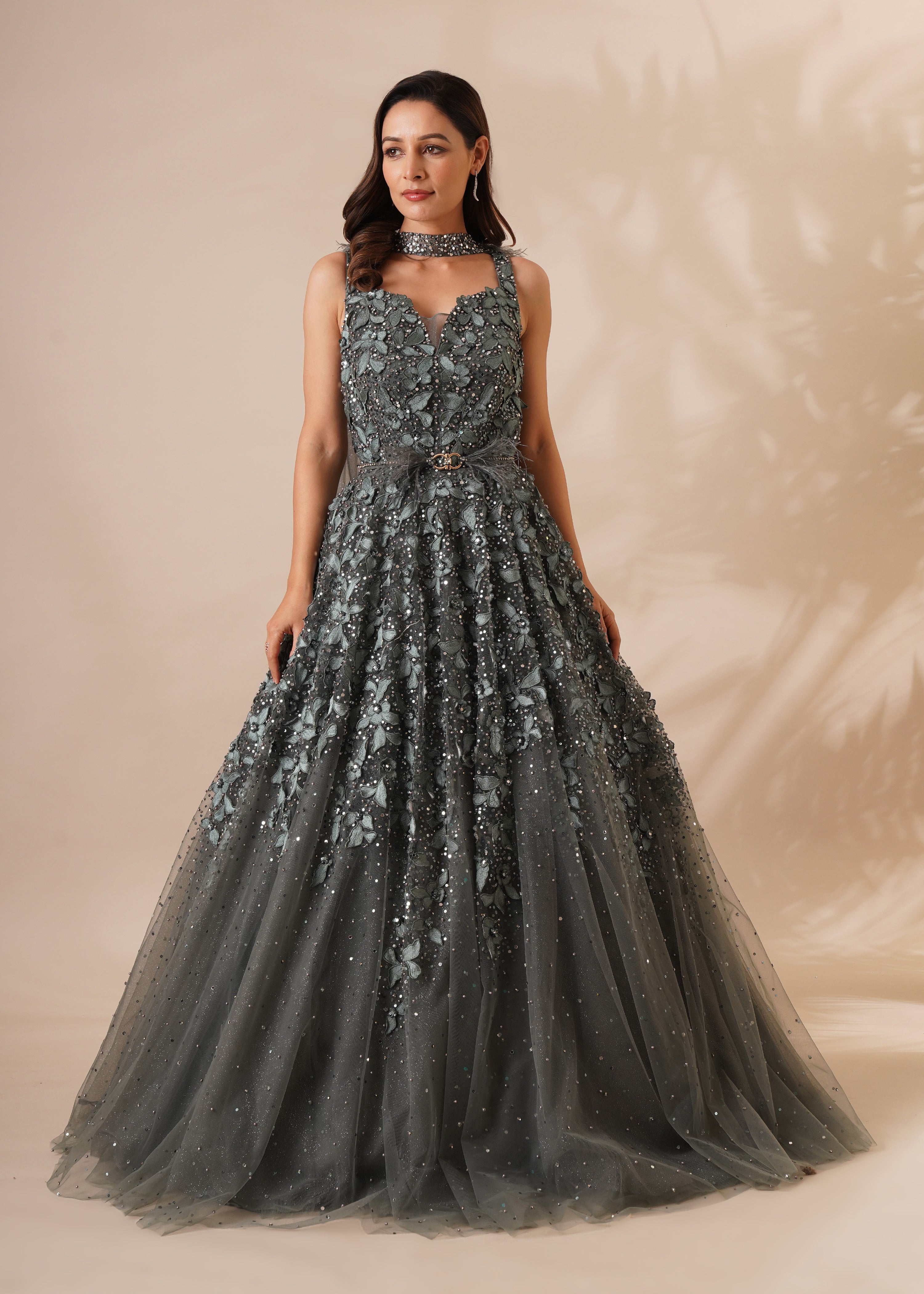 Sequins Detailed Green Gown