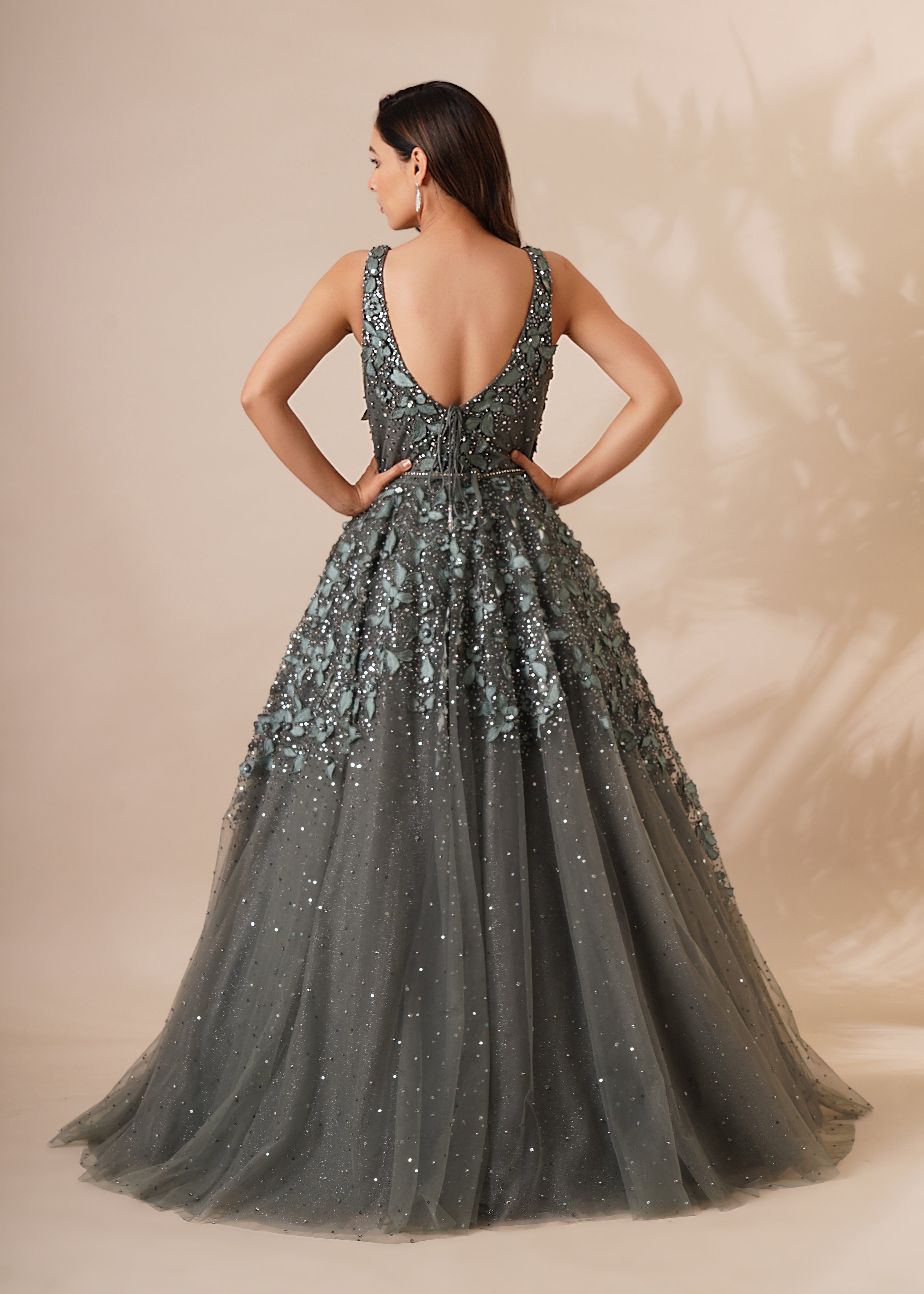 Sequins Detailed Green Gown