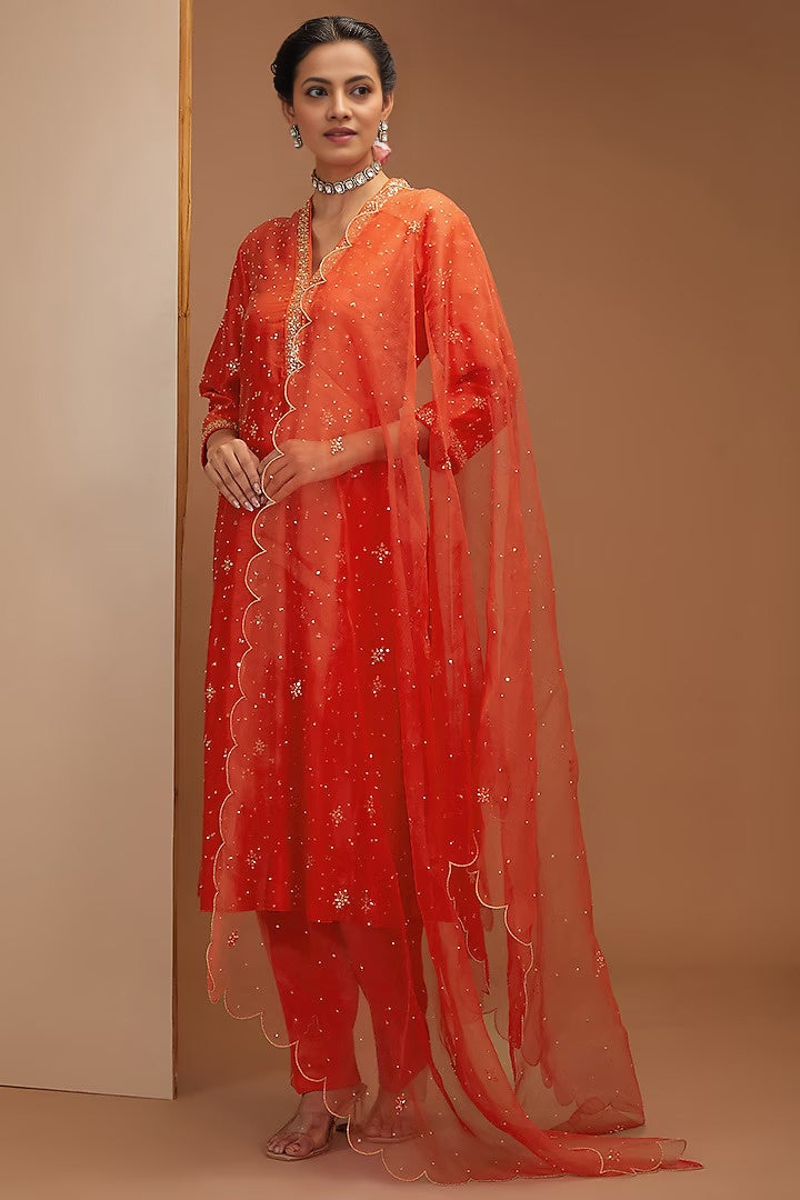 Tangy Red Embroidered Kali Kurta Set