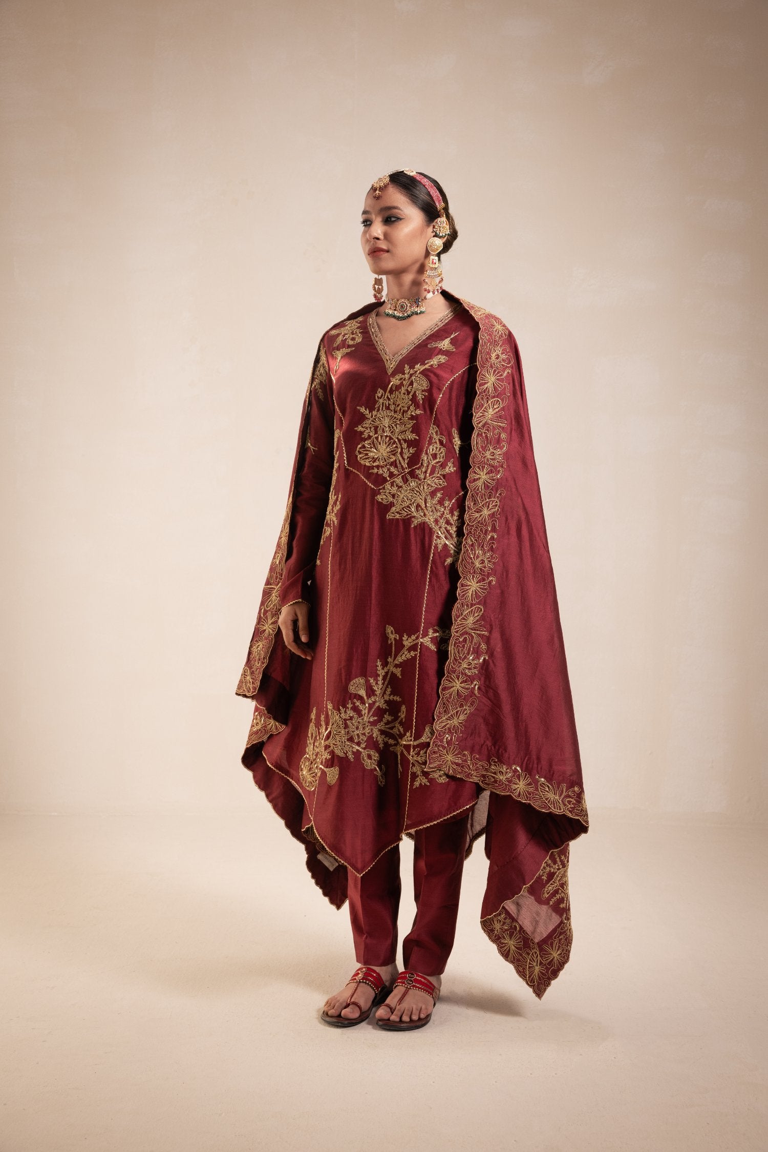 Maroon Chanderi Structured Kurta Set