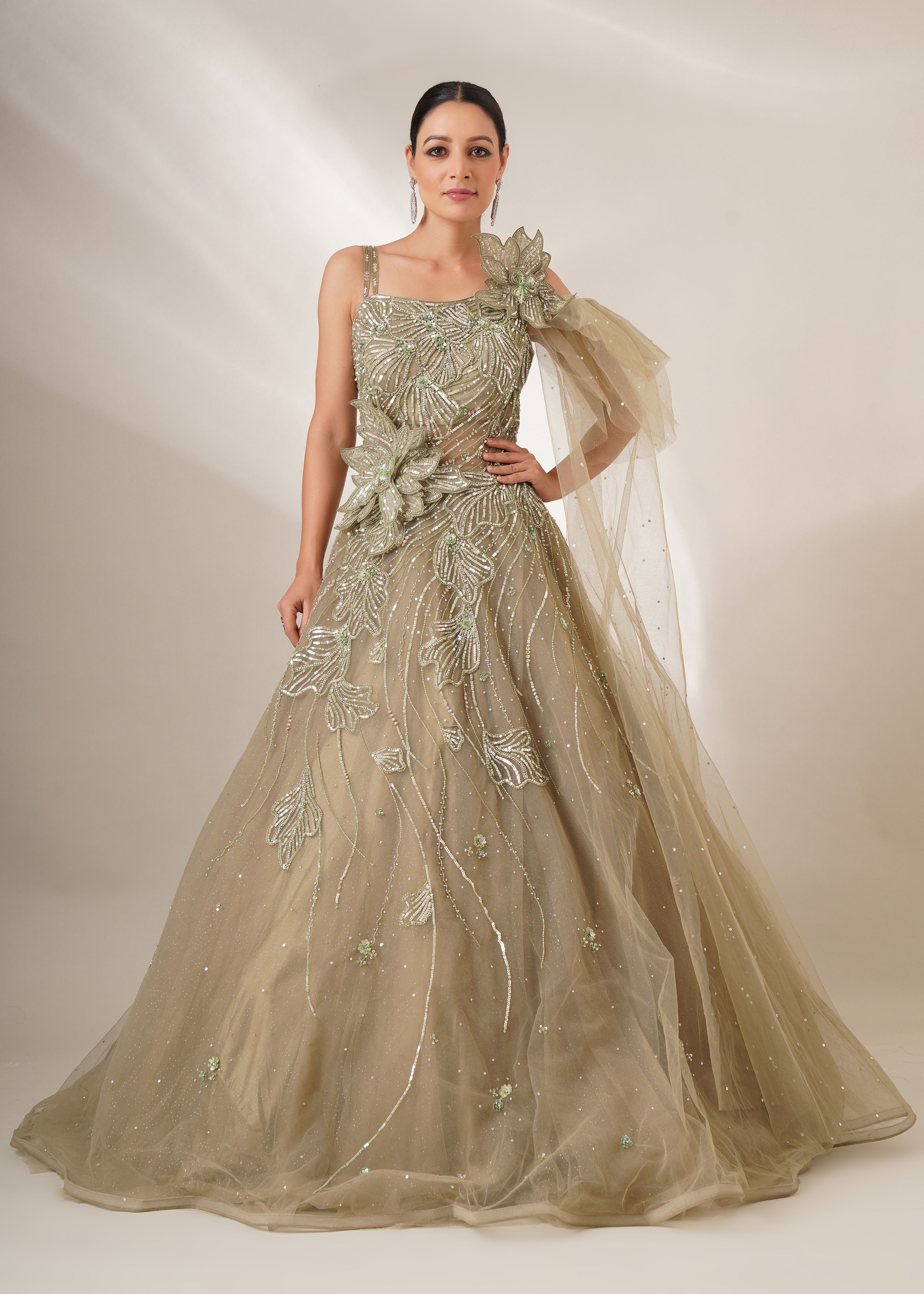 Green Sequins Embellished Gown