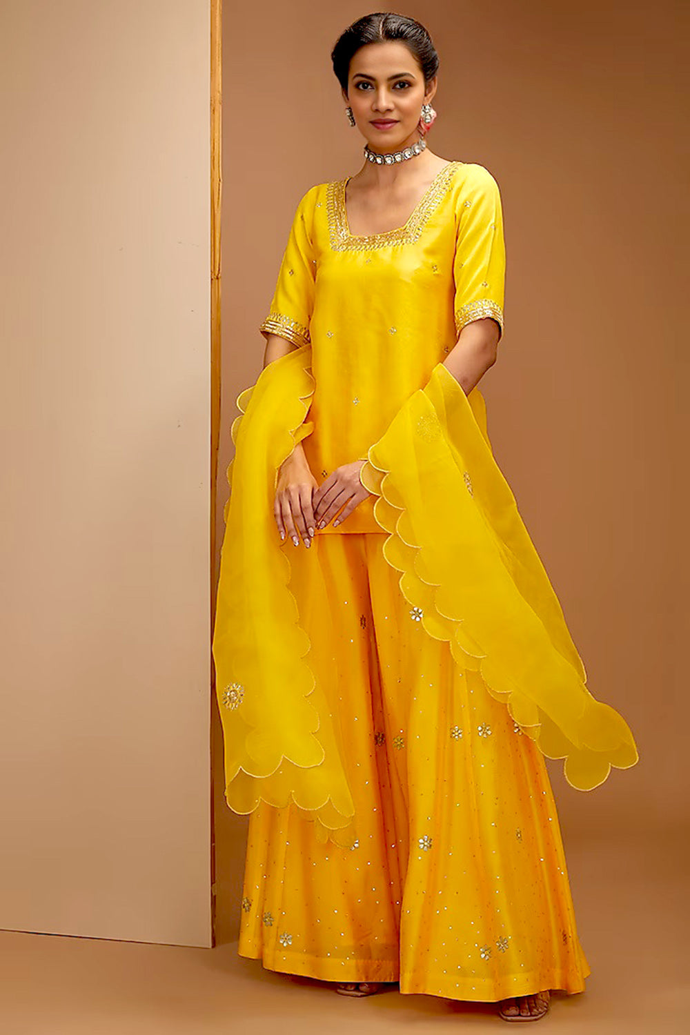 Yello Color Dupion Silk Hand Embroidered Sharara Set