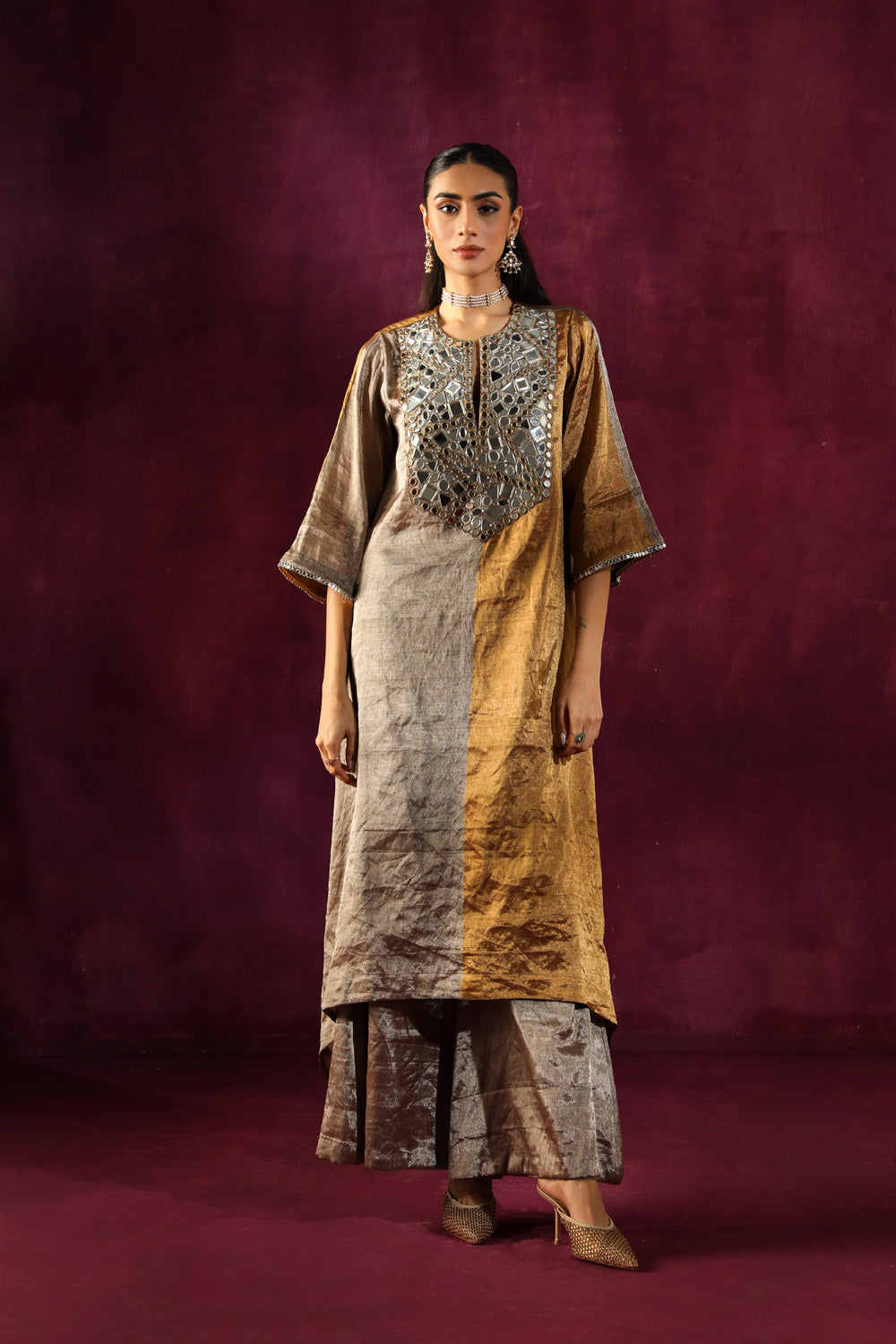 Mirror Embellished Long Asym Kurta With Tissue Bellbottoms