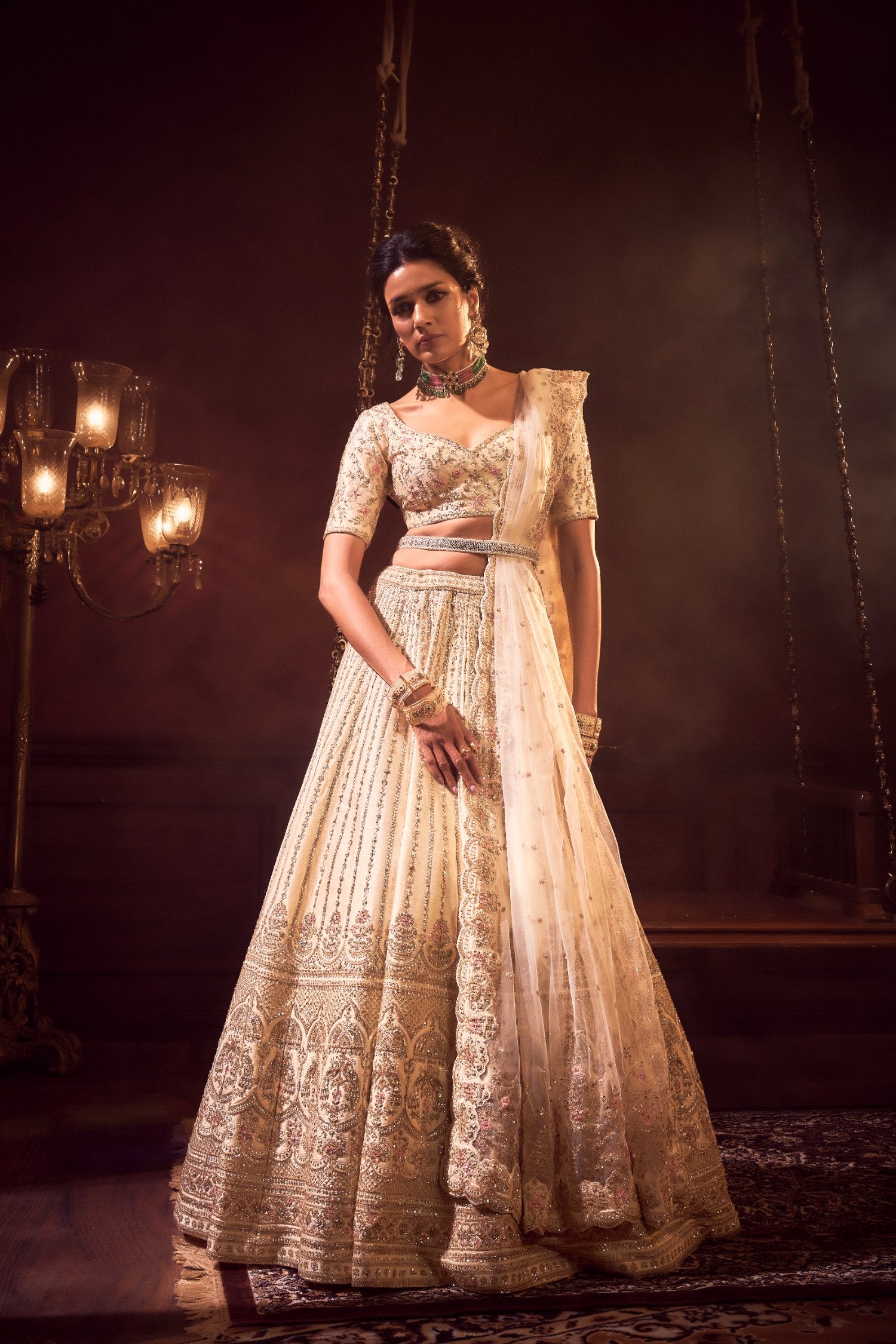 Ivory Raw Silk Hand & Machine Embroidered Lehenga Set