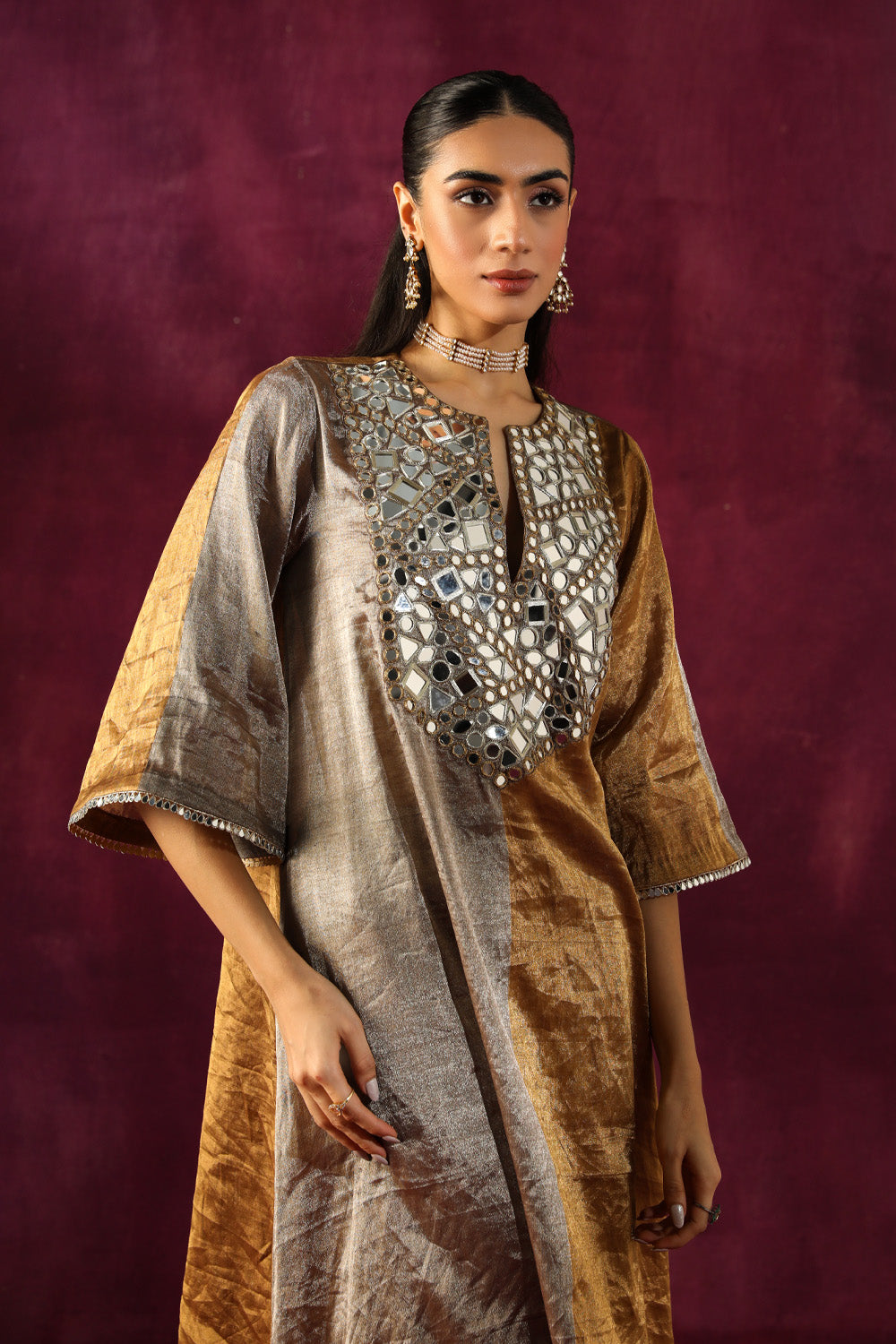 Mirror Embellished Long Asym Kurta With Tissue Bellbottoms