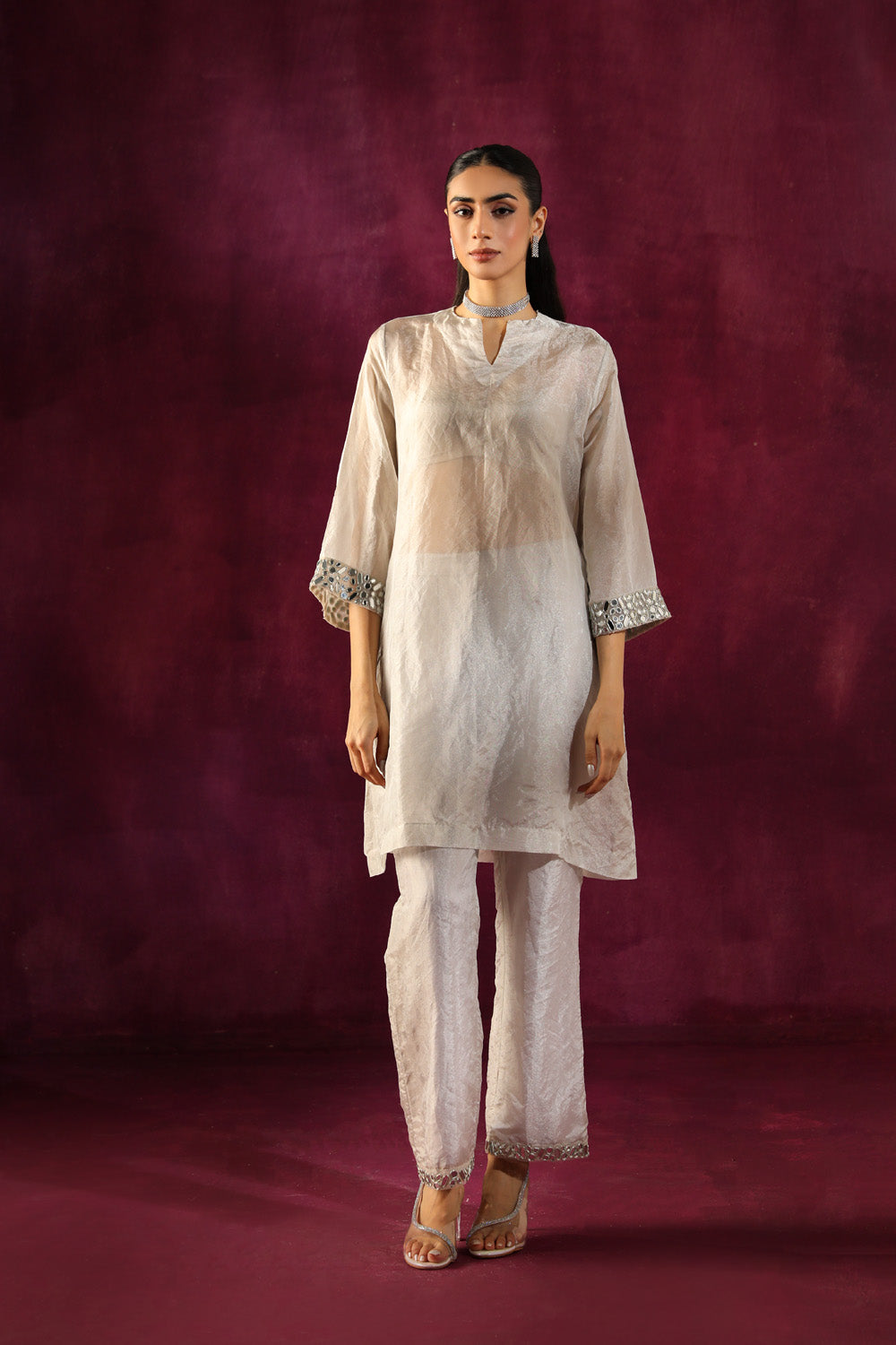 Mirror Embellished Tissue Tunic With Mirror Embellished Cig Pants