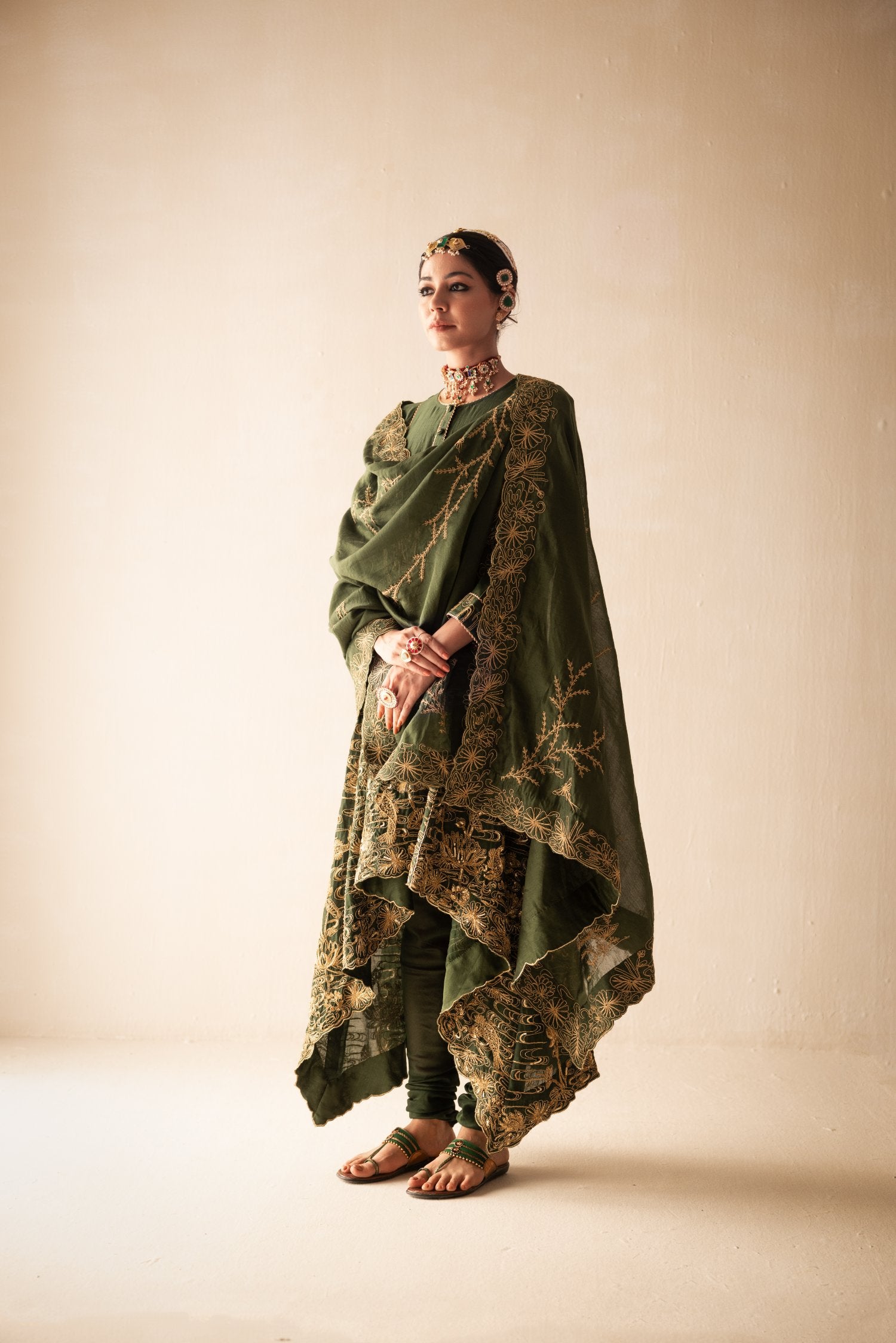 Green Chanderi High Low Anarkali