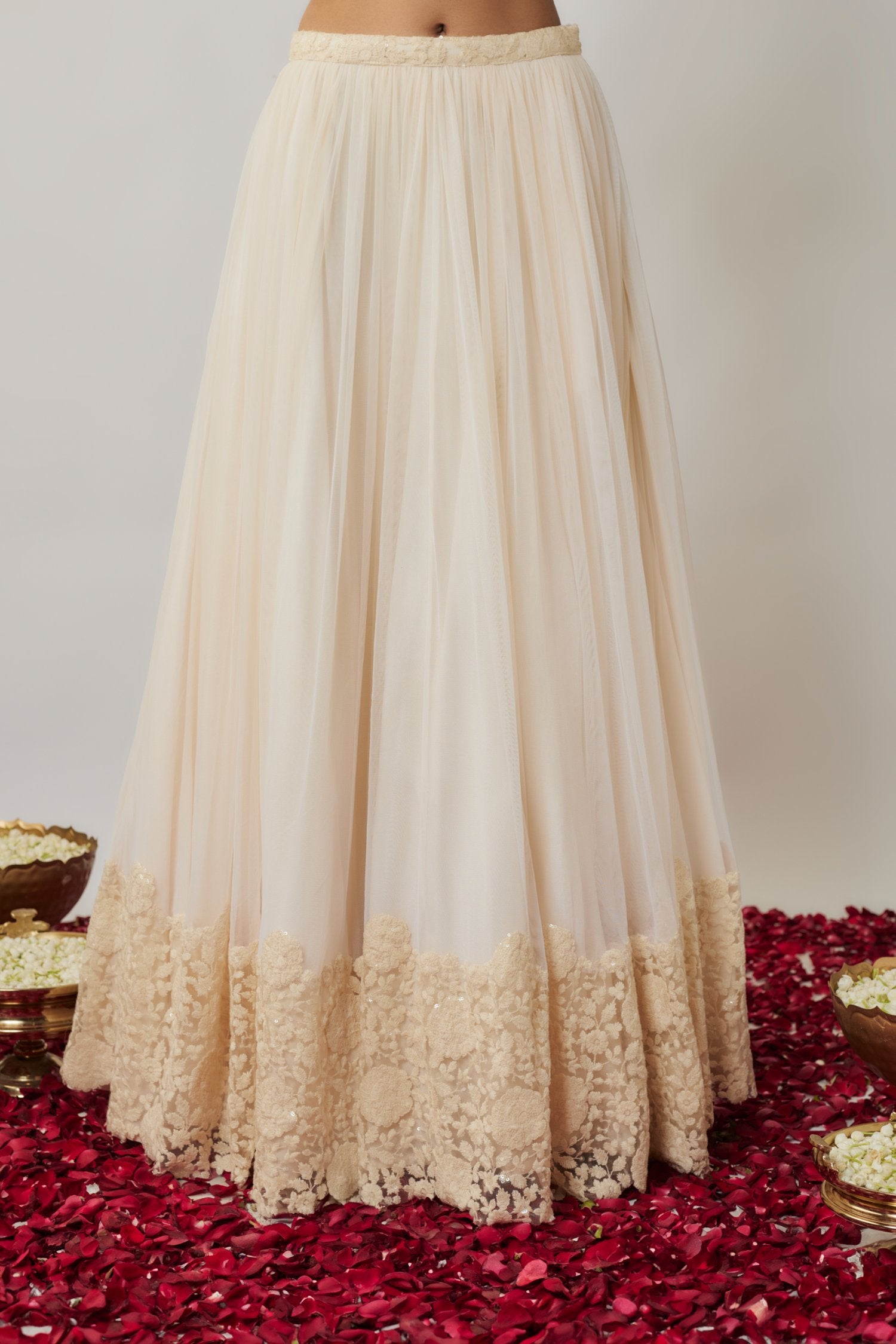 Ivory Sequin And Thread Embroidered Floral Lehenga Set