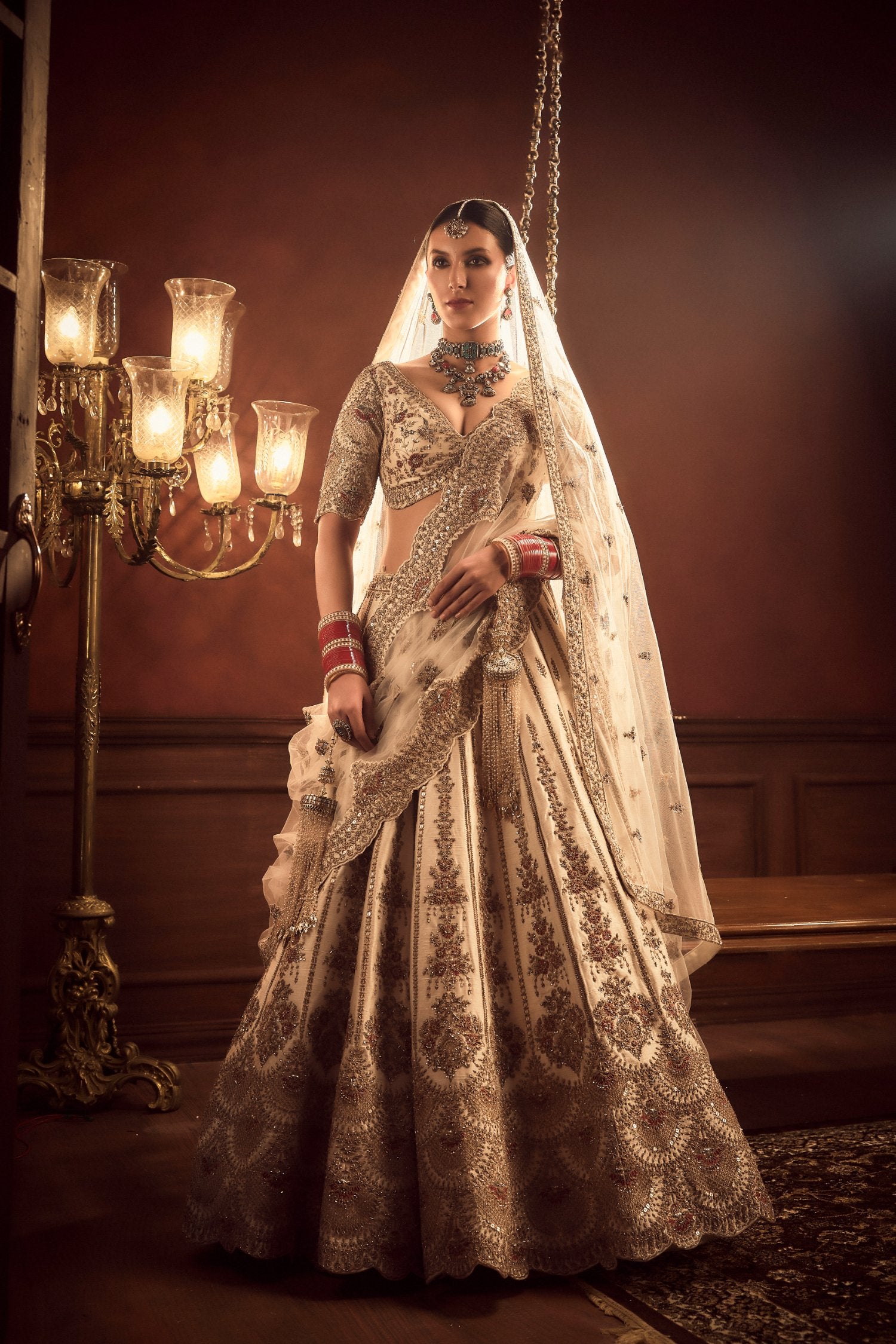 Ivory Raw Silk Hand & Machine Embroidered Lehenga Set